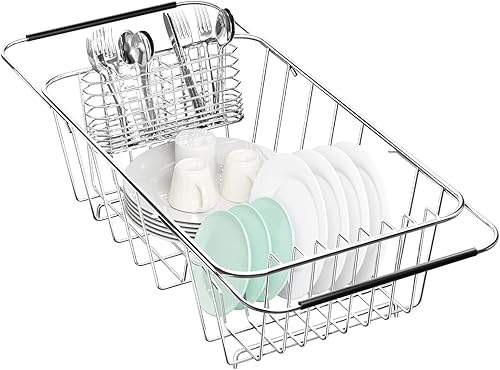 Fanbsy Escurridor de platos pequeño ajustable en el fregadero, organizador expandible de acero inoxidable 304 con soporte para utensilios de acero