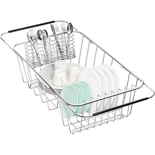 Small Dish Drainer Rack in Sink Adjustable, Expandable Stainless Steel Metal Dish Drying Rack Organizer with Stainless Steel Utensil Holder Over Inside Sink Counter, Rustproof(for 1-2 People)