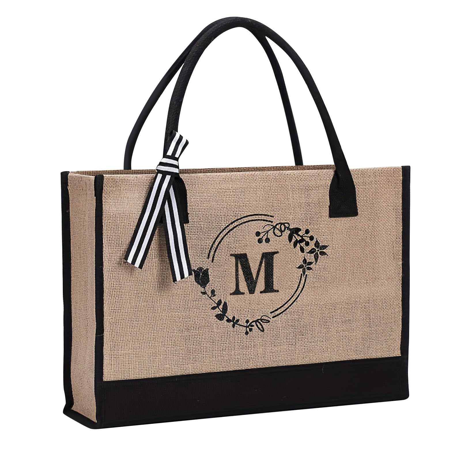 Generic Bolsa de yute con inicial, bolsa de lona impresa con letras de flores personalizadas para mujeres/hombres, bolsa de playa de lona reutilizable para uso diario, viajes, comestibles, picnic