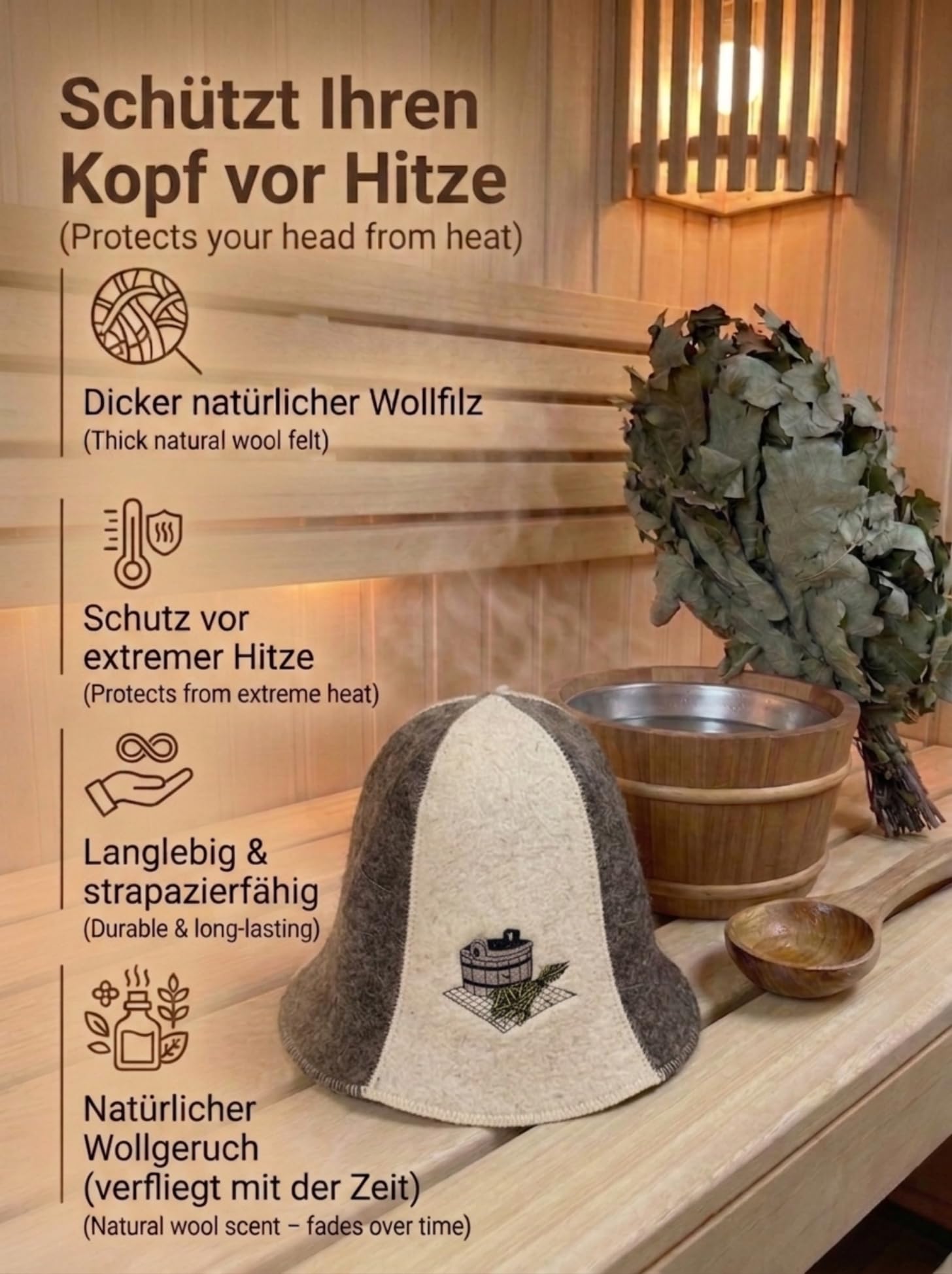 Sombrero De Sauna 100% Lana Fieltro con Bordado para Hombre y Mujer, Gorro Wellness (Baño sauna bañera)