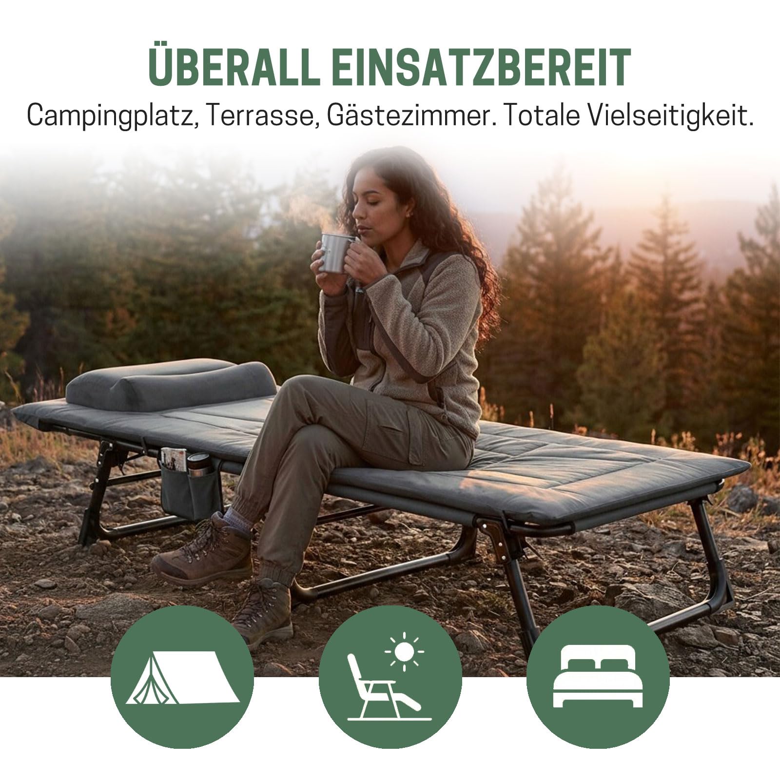 Klappbare Sonnenliege mit Verstellbarer Rückenlehne, Matratze & Kopfkissen - Tragbare Gartenliege für Pool, Terrasse, Camping, Grau