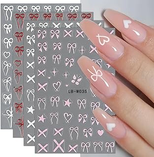 JMEOWIO 8 Sheets Heart Bow Tie Nail Art Stickers Decals Self-Adhesive Pegatinas Uñas Pink Nail Supplies Nail Art Design Decoration Accessories