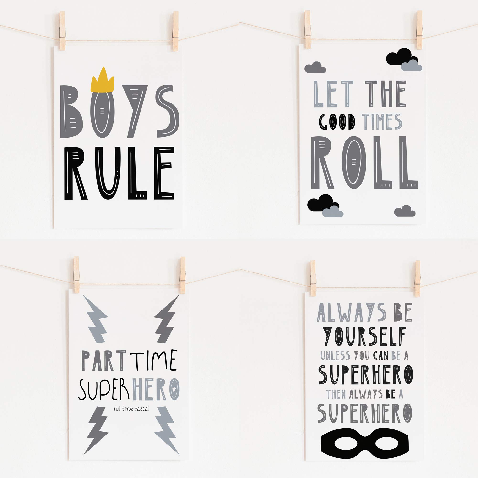 Little Angels Jamboree Boys Wall Art Prints, Scandi Superhero Design, Modern Home Decor, Boys Bedroom Prints A4 (Pack of 4 Prints) ** No Frames Included **