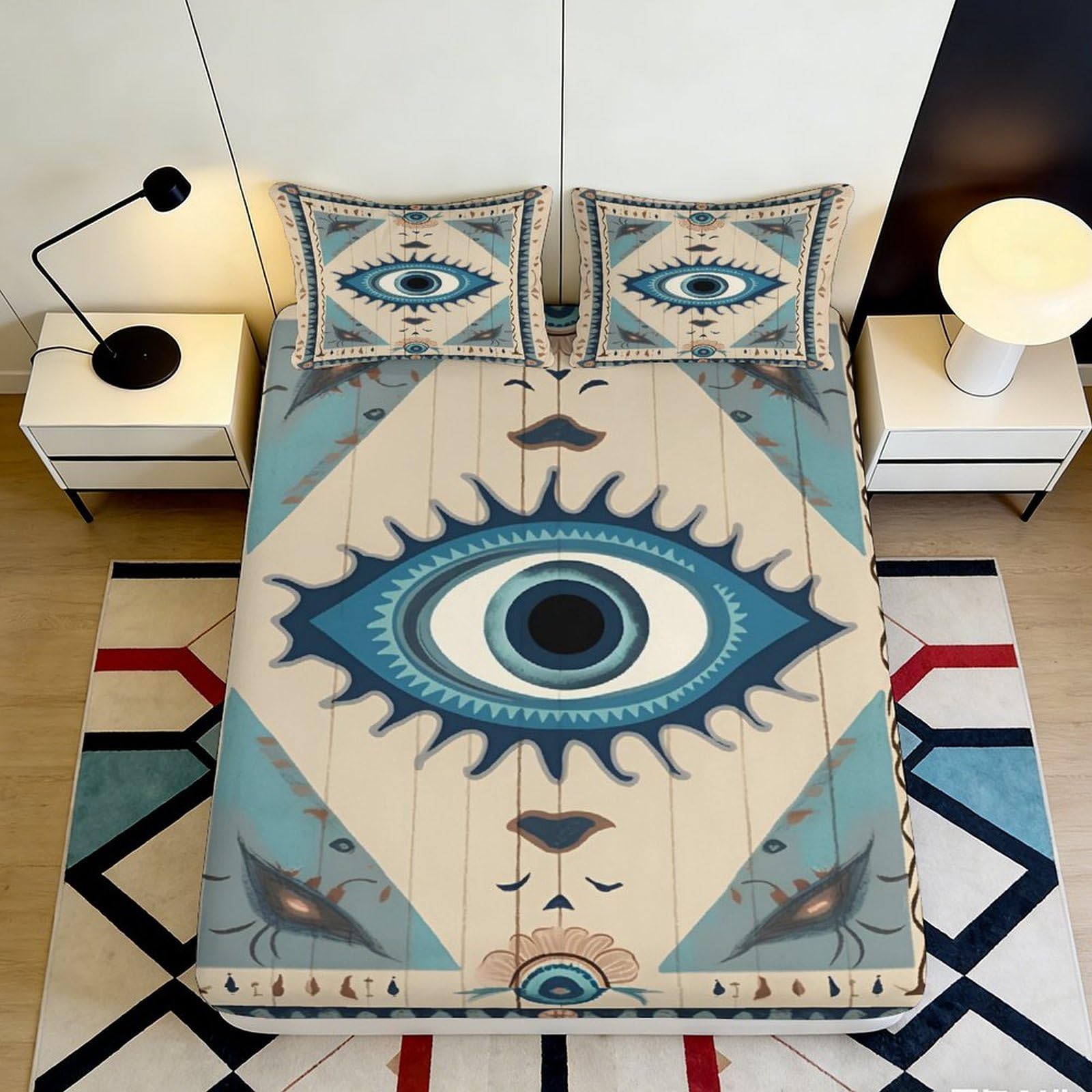 3D Printed Evil Eye Fitted Sheet Microfiber Soft Blue Beige Geometric Bed Cover for Bedroom Dorm Mattress Protection Decor 90x200x25cm