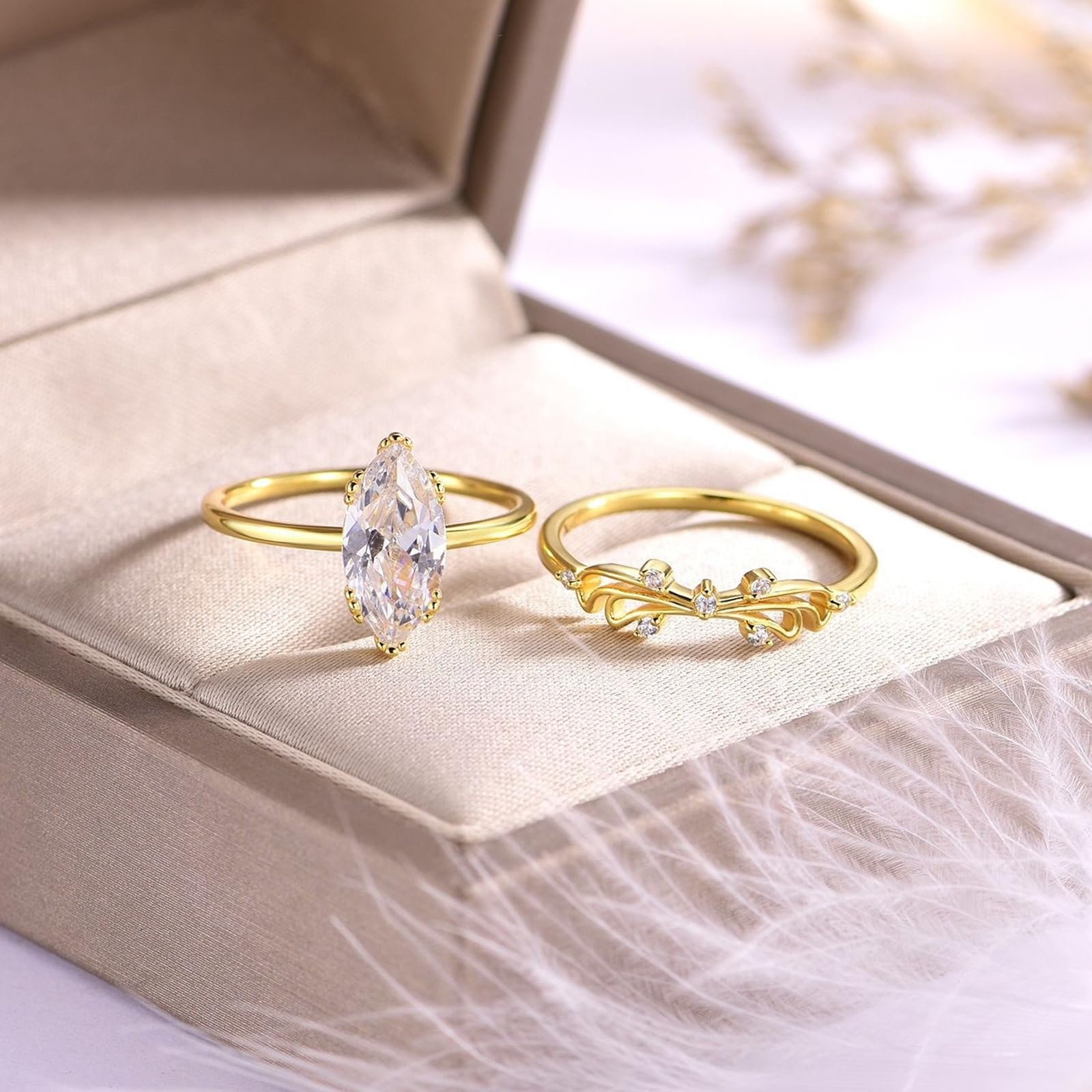 Anillo de mujer de oro, anillo de compromiso de oro blanco, juego de 2 unidades, con moissanite de 2 quilates, apilable, oro real