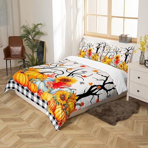 Miniatura 5 de Juego de funda de edredón para niños de cosecha de calabaza de otoño, tamaño King, girasoles y hojas de arce, decoración de habitacióncabaña, funda