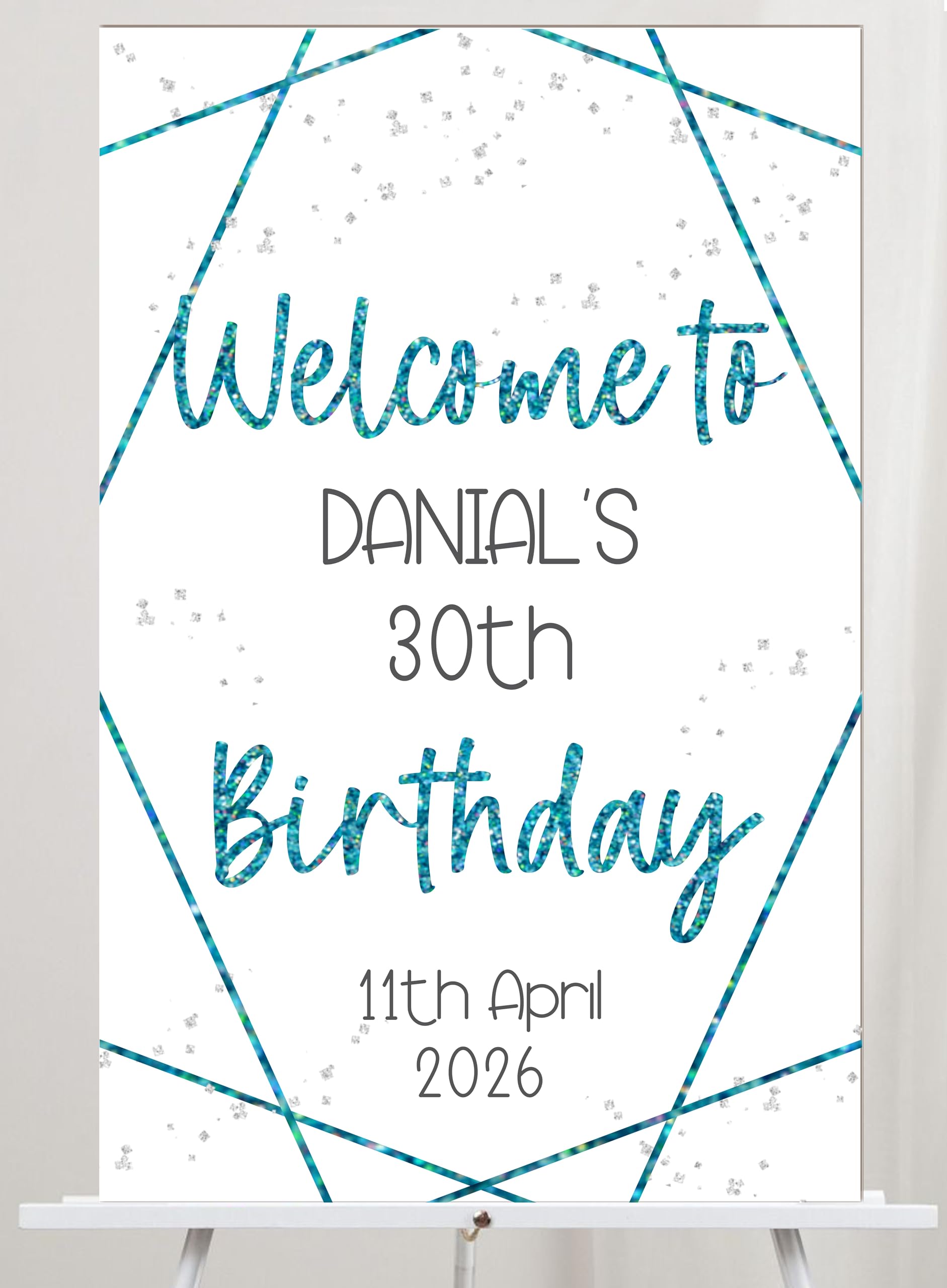 Personalised Birthday Welcome Sign – Custom Name Age & Date, Geometric Design, Colour Choices Elegant Party Decoration Keepsake Display Board