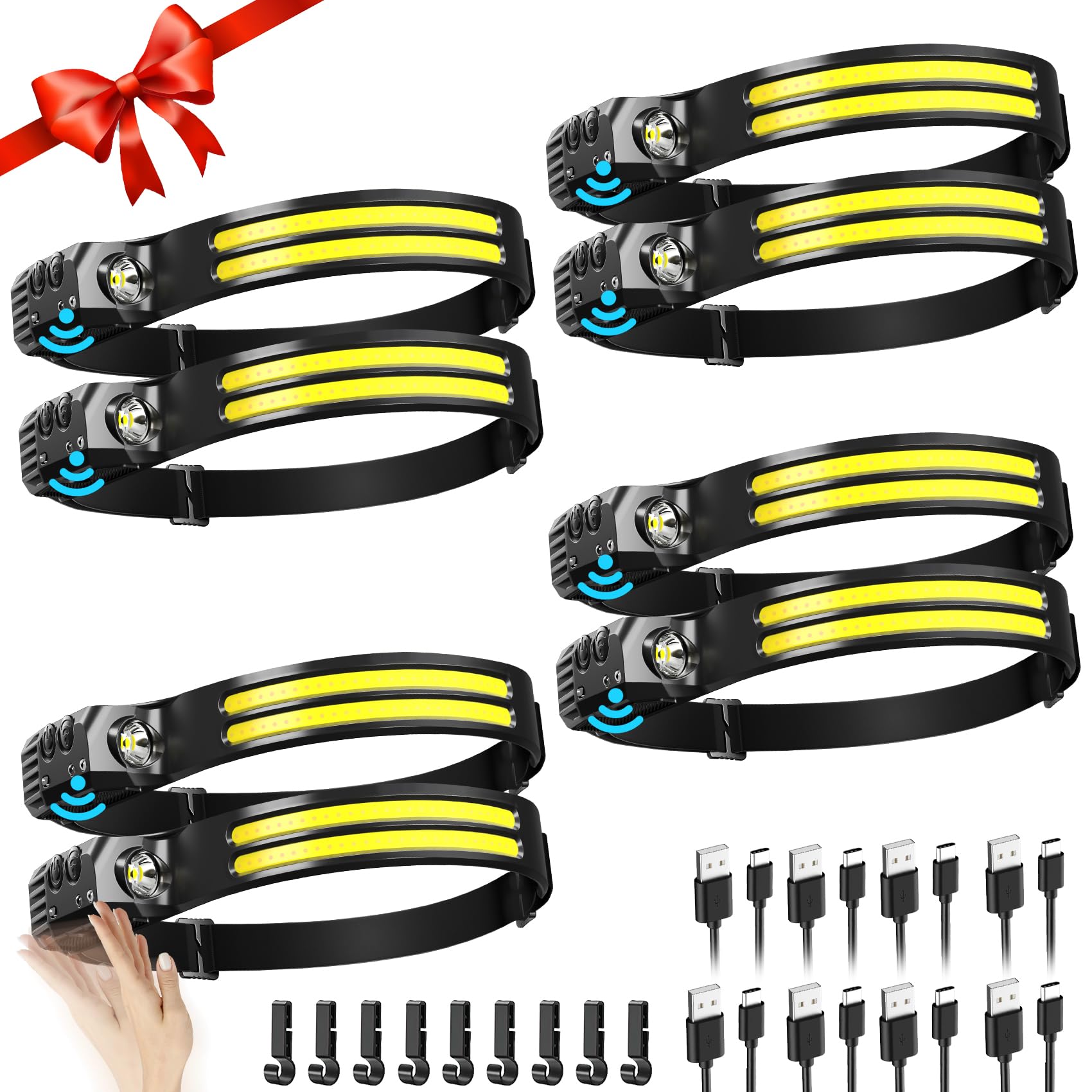 Bud K Rechargeable Headlamp 8 Pack, LED Headlight Flashlight Super Bright with 230° Wide Beam, Motion Sensor, 5 Modes Waterproof Head Lamp for Outdoor