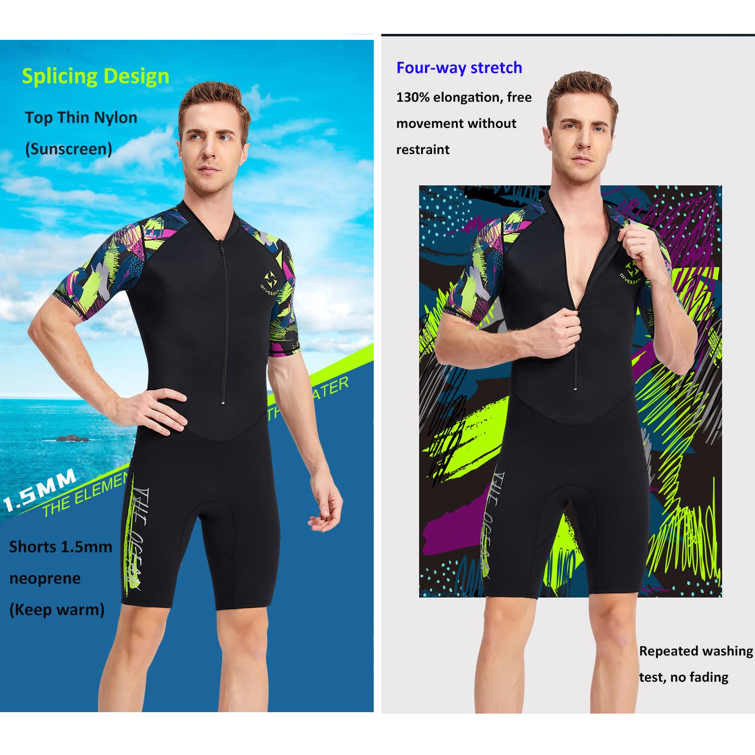 Traje de neopreno fino para hombre, de manga corta, estampado, esnórquel, natación, surf, parte superior de nailon, protección solar, pantalones cortos térmicos de neopreno de 1,5 mm