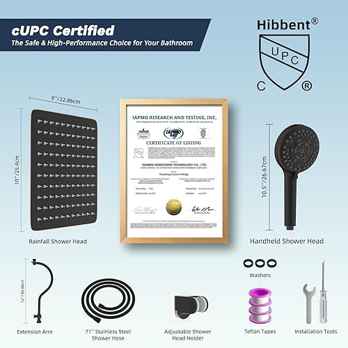 Miniatura 35 de Hibbent Cabezal de ducha con certificación CUPC de metal, cabezal de ducha de alta presión de 8 pulgadas, combo de cabezal de ducha de mano, brazo