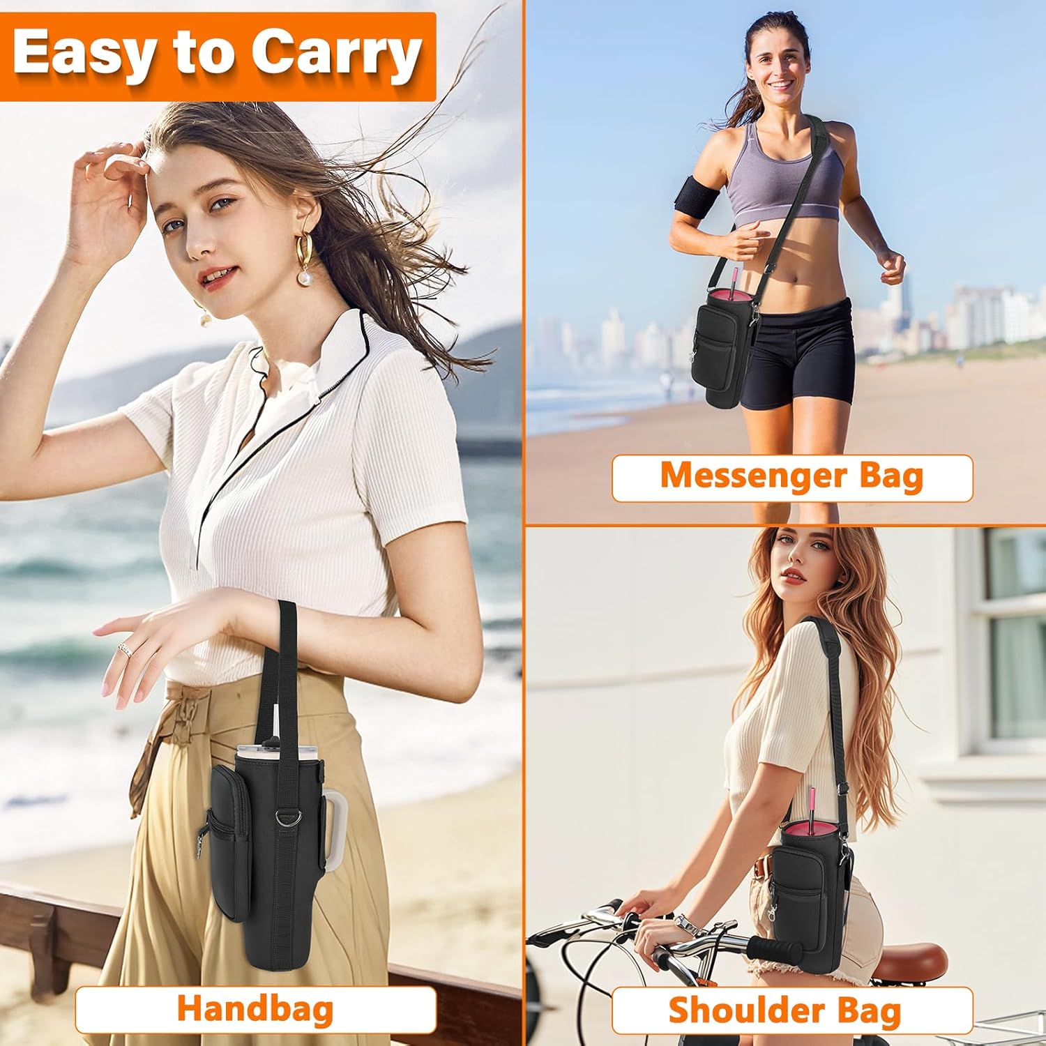 Water Bottle Carrier Bag with Phone Pocket Compatible with Stanley/Meoky 40 oz Tumbler with Handle,Water Bottle Holder Pouch with Adjustable Strap Compatible with Stanley Cup Accessories - Image 7