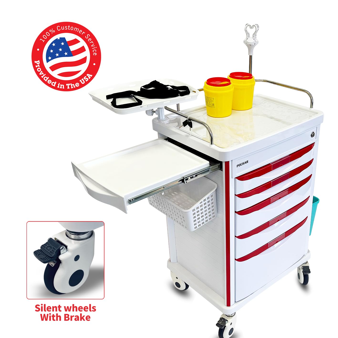 Pochar Medical Crash Cart with Emergency Accessory - Cardiac Board, IV Pole, O2 Holder, Power Strip, Trash Bin, Drawers with Dividers - Mobile Emergency Cart for Hospitals and Clinics