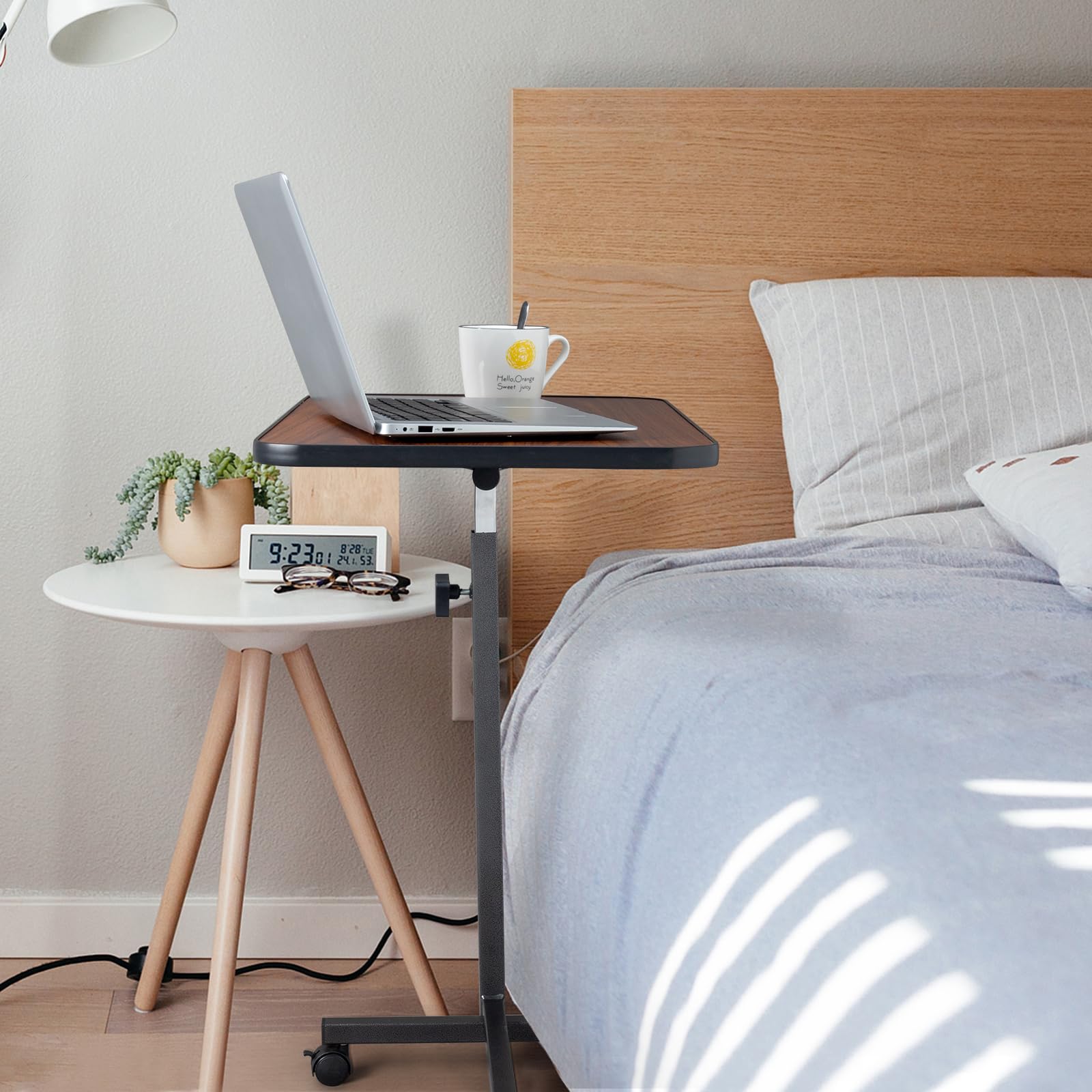 FCH 23.6 Inch Rolling Adjustable Multifunctional Lifting Computer Desk, Tilting Desktop, Sit Stand Laptop Desk TV Tray for Bed Sofa Hospital Reading Eating, Brown