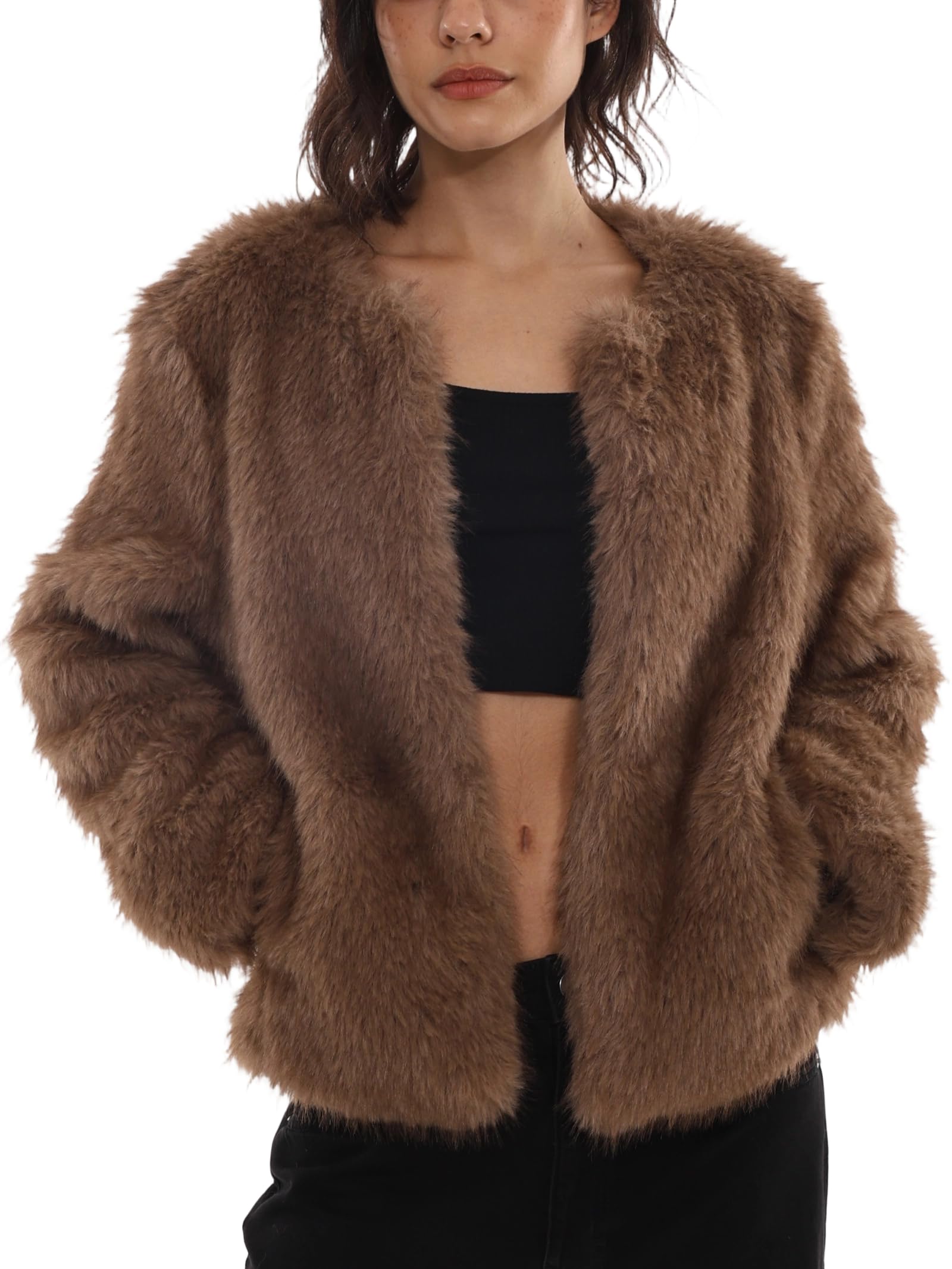 Amazhiyu Cappotto da donna in pelliccia sintetica con tasche, aperto sul davanti, invernale, a maniche lunghe, girocollo, caldo cardigan