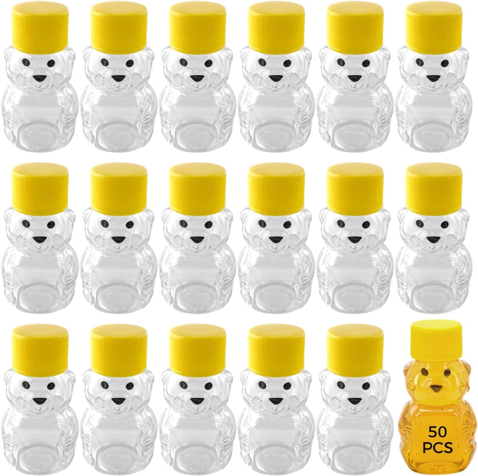 – 50 Clear Plastic Honey Bear Bottles 2 Oz With Yellow Twist Caps, Mini Portable Bear Shaped Jars