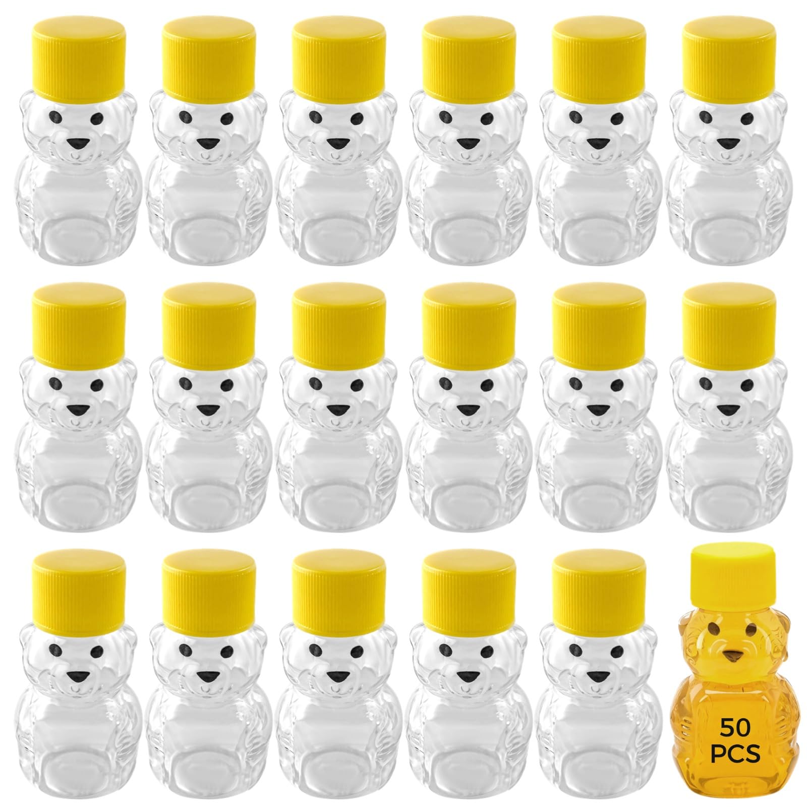 50-Pack 2 Oz Honey Bear Bottles, Clear Plastic with Yellow Twist Caps, Fun Mini Bear-Shaped Design