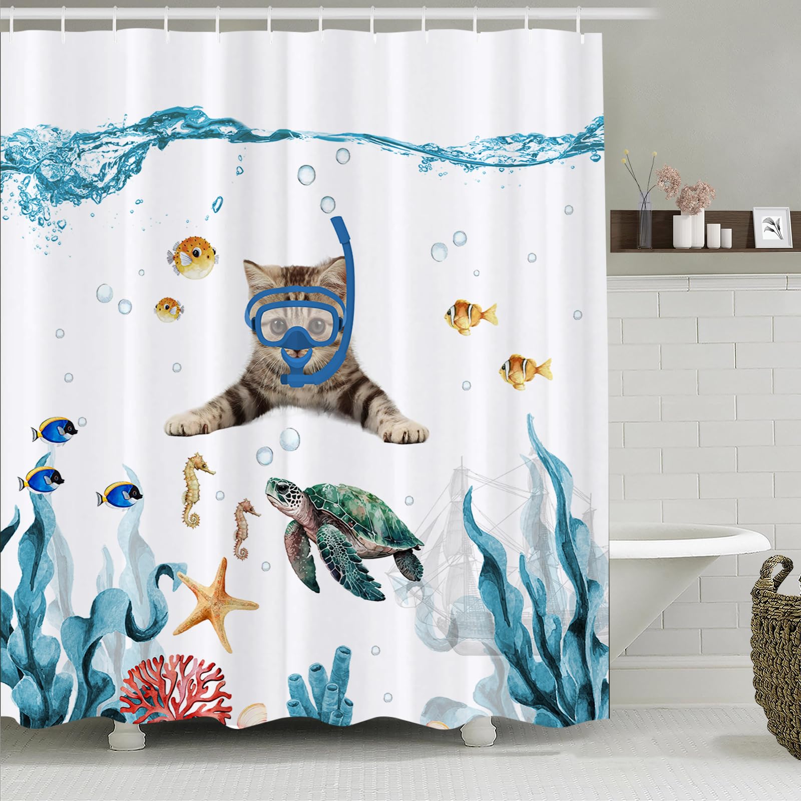 Simpomsy Shower Curtain Diving Cat Ocean Print Waterproof Bathing Curtain, Durable Polyester Modern Bathroom Decoration Accessories Comes with 12pcs Shower Curtain Rings 150x180cm