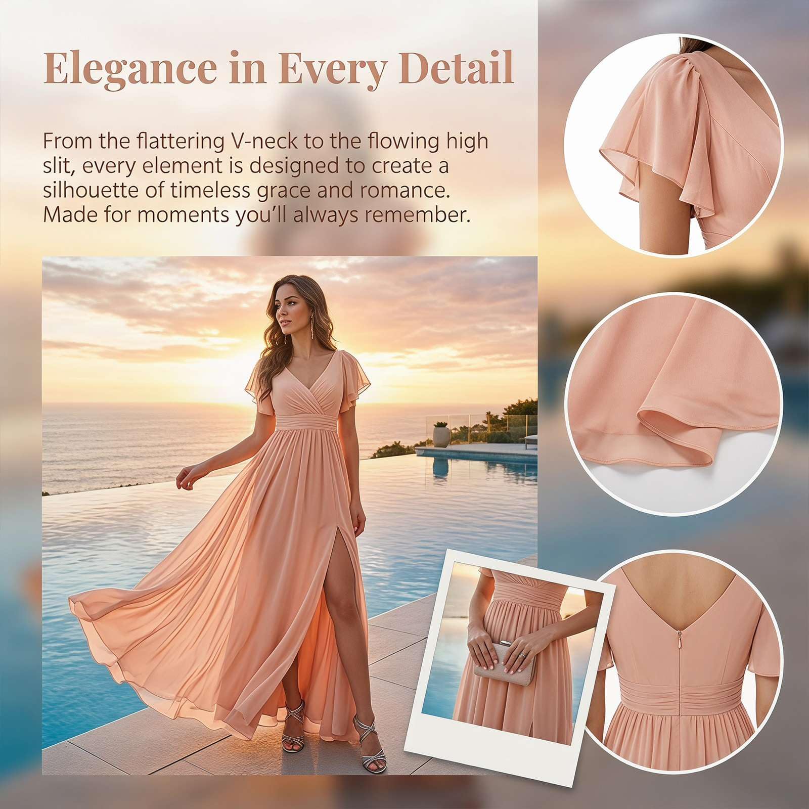 Generisch Kleid Hochzeitsgast Damen - Elegant Lang Chiffon Brautjungfernkleid V-Ausschnitt Schlitz Abendkleid Fließend Abendkleid Curvy Ballkleider Luftig Maxikleid Sommer Romantisch Cocktailkleid