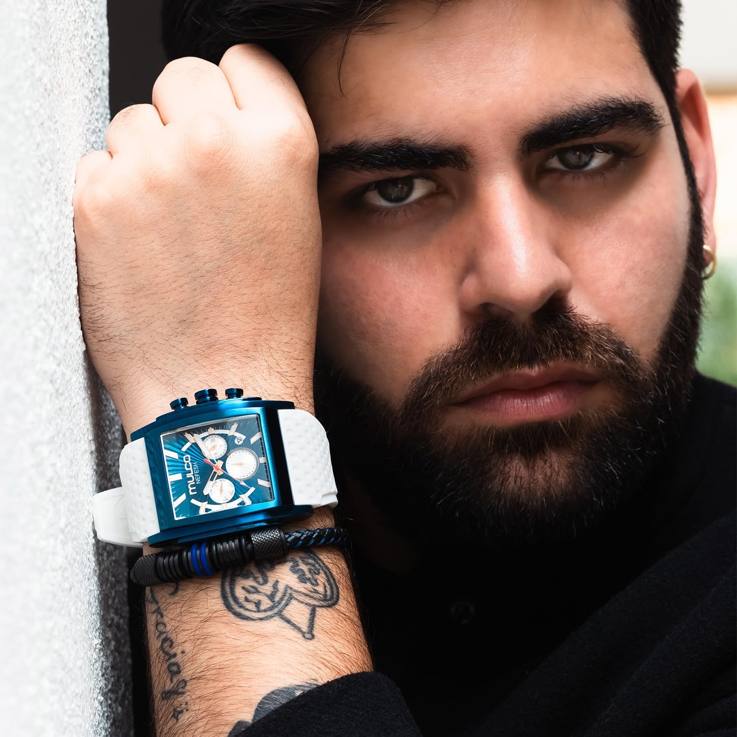 MULCO Watches Kripton Square– 46 mm Stainless-Steel Case, Black with Wrist Silicone Band, Quartz Multifunctional Day and Date Movement, Large Face Analog Display - Rose Gold Accents, 100m- Waterproof