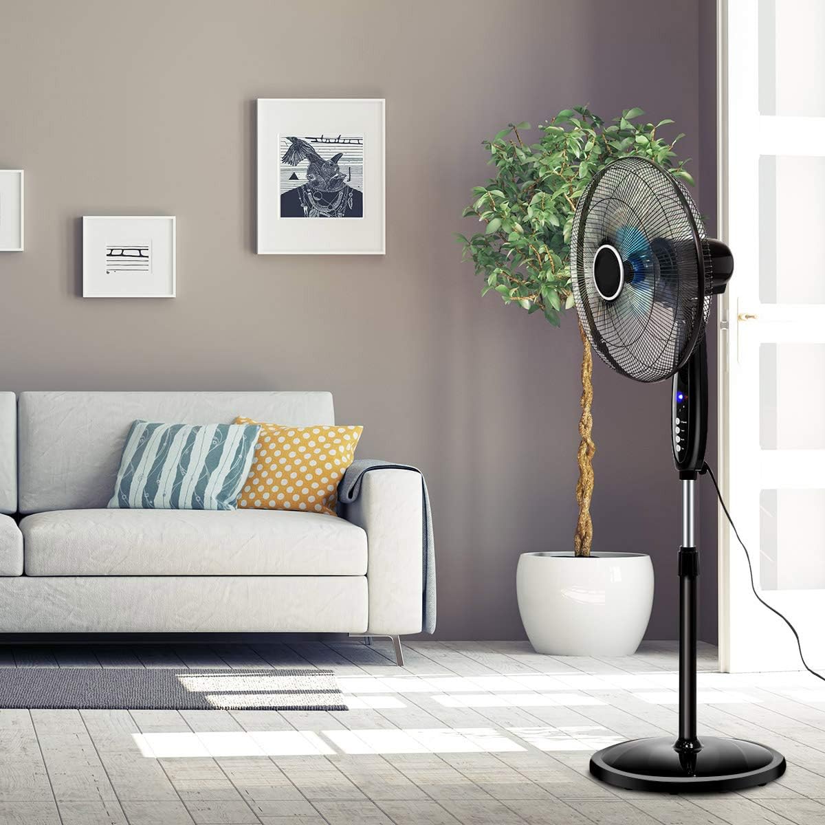 GOFLAME 16" Dual Blade Pedestal Fan, Oscillating Stand Fan Height Adjustable with Remote Control, 3 Speed Settings, Timer, LCD Display, Ideal for Bedroom, Living Room, Office