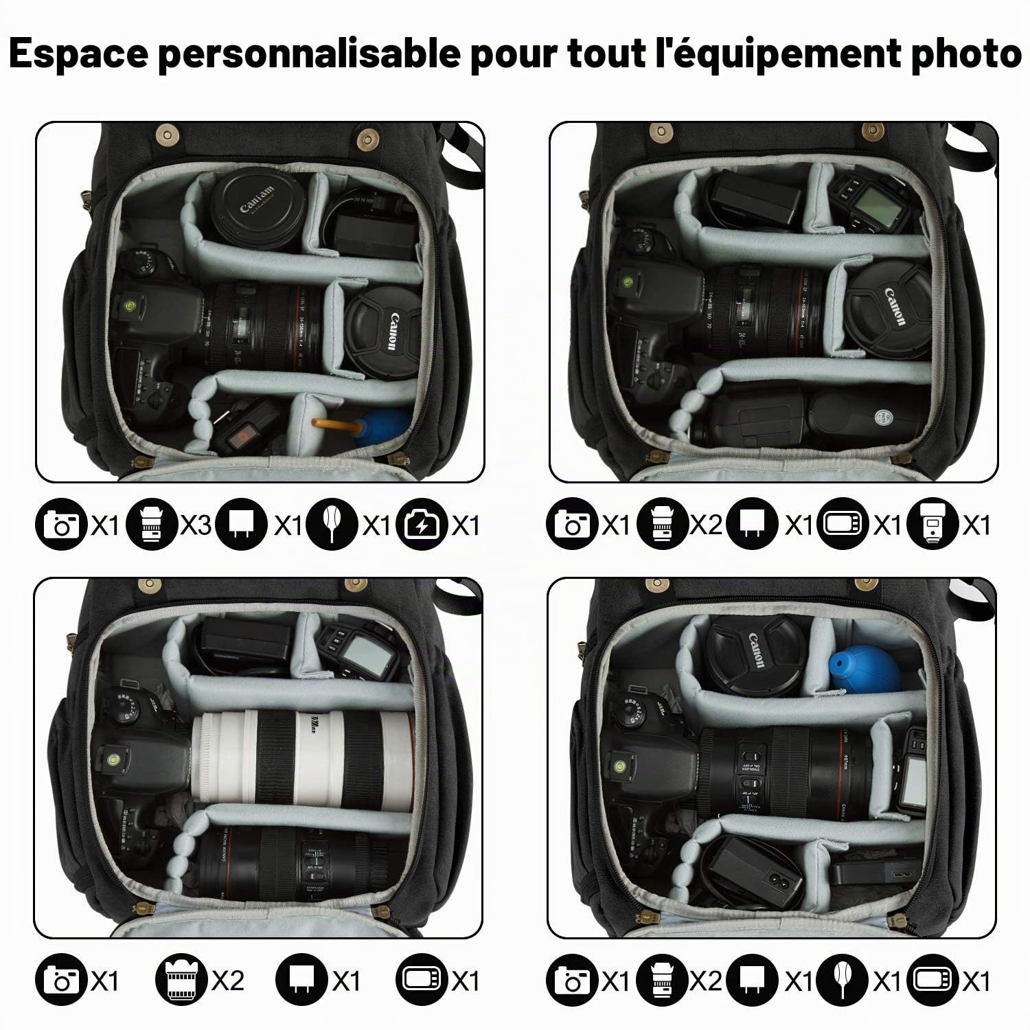 bagsmart Sac à dos pour appareil photo DSLR en toile antivol, Noir , L
