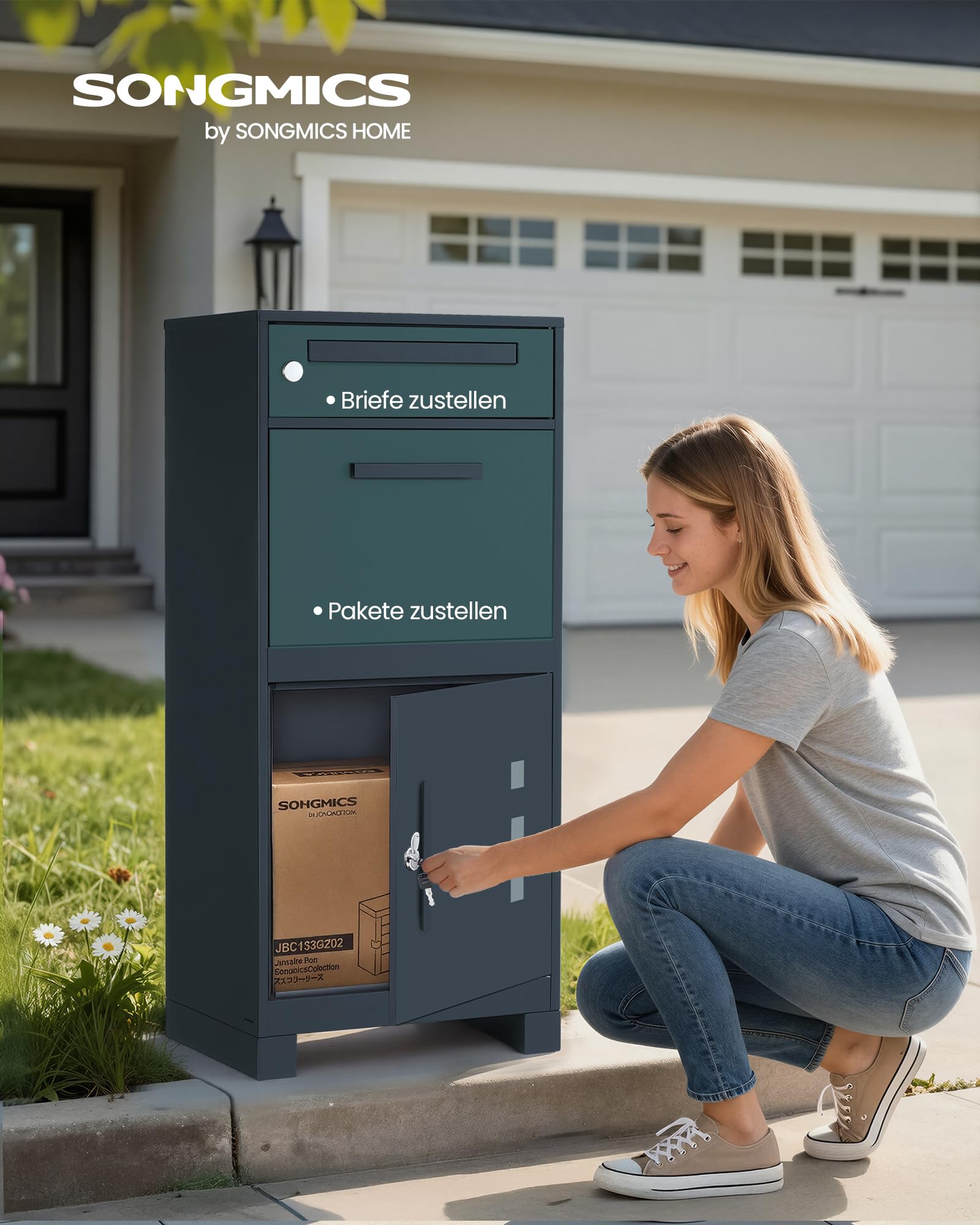 SONGMICS Paketbox, Paketbriefkasten, Briefkasten mit Paketfach, Paketkasten XXL, für Briefe, Pakete, Schloss mit Abdeckung, 2 Schlüssel, Stahl, anthrazit GMB091GZ01