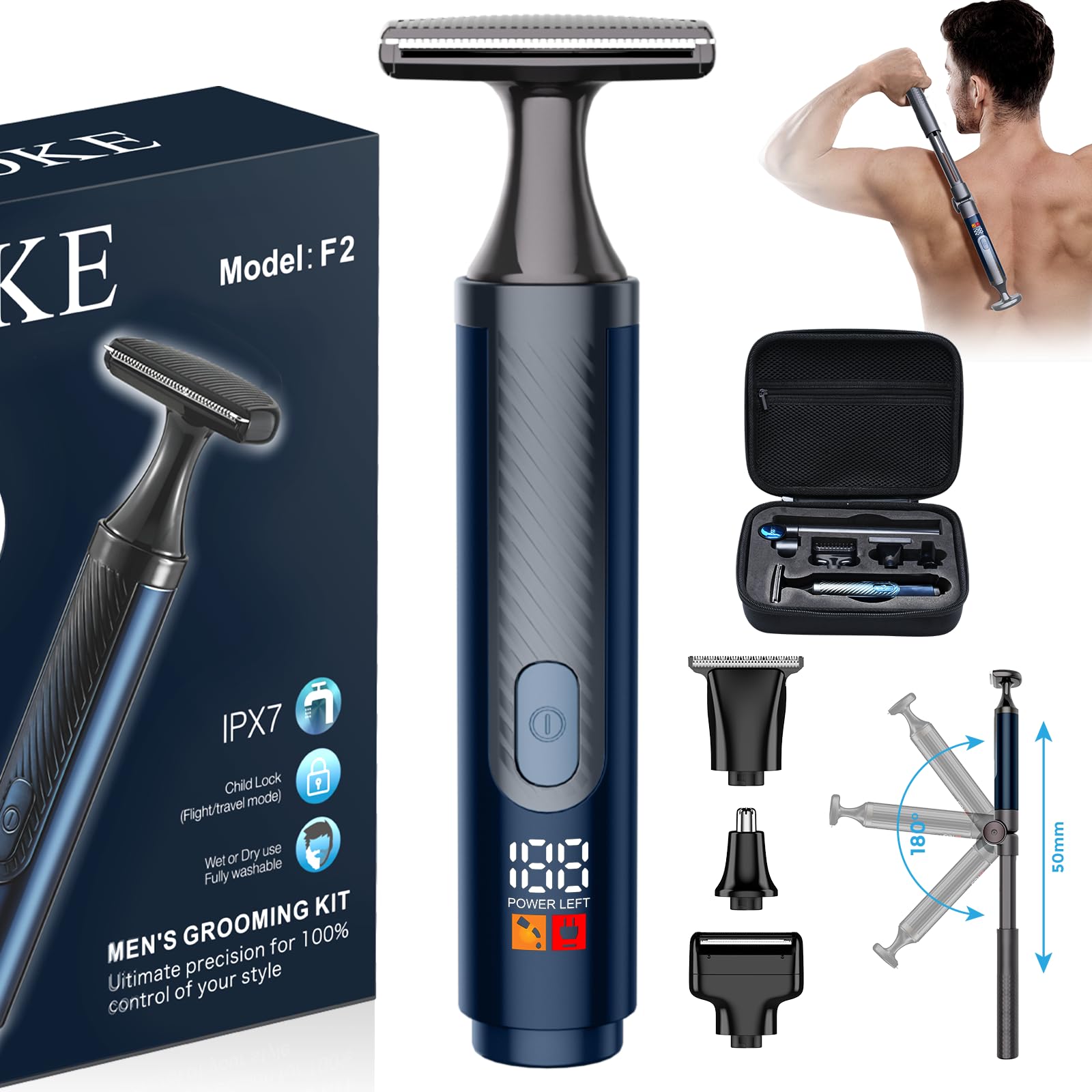 FOKE Back Shaver for Men, with Travel Case, LED Display