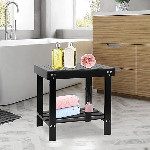 Miniatura 2 de VaeFae Banco de bambú para spa, taburete de madera para asiento de pie, taburete de afeitado con pies antideslizantes, estante de almacenamiento