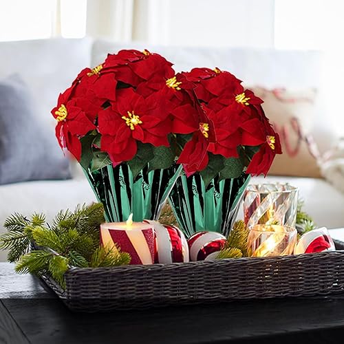 Miniatura 3 de Paquete de 2 plantas de Pascua artificiales grandes de 18 pulgadas para decoración de Navidad preiluminadas por LED, flores de Pascua artificiales