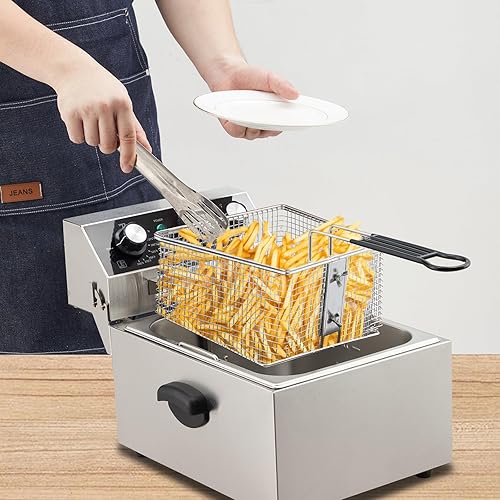 Miniatura 5 de Freidora eléctrica, tanque de acero inoxidable individual de 10 L con cabezal de freidora giratoria fácil de limpiar, temporizador de 60 minutos,