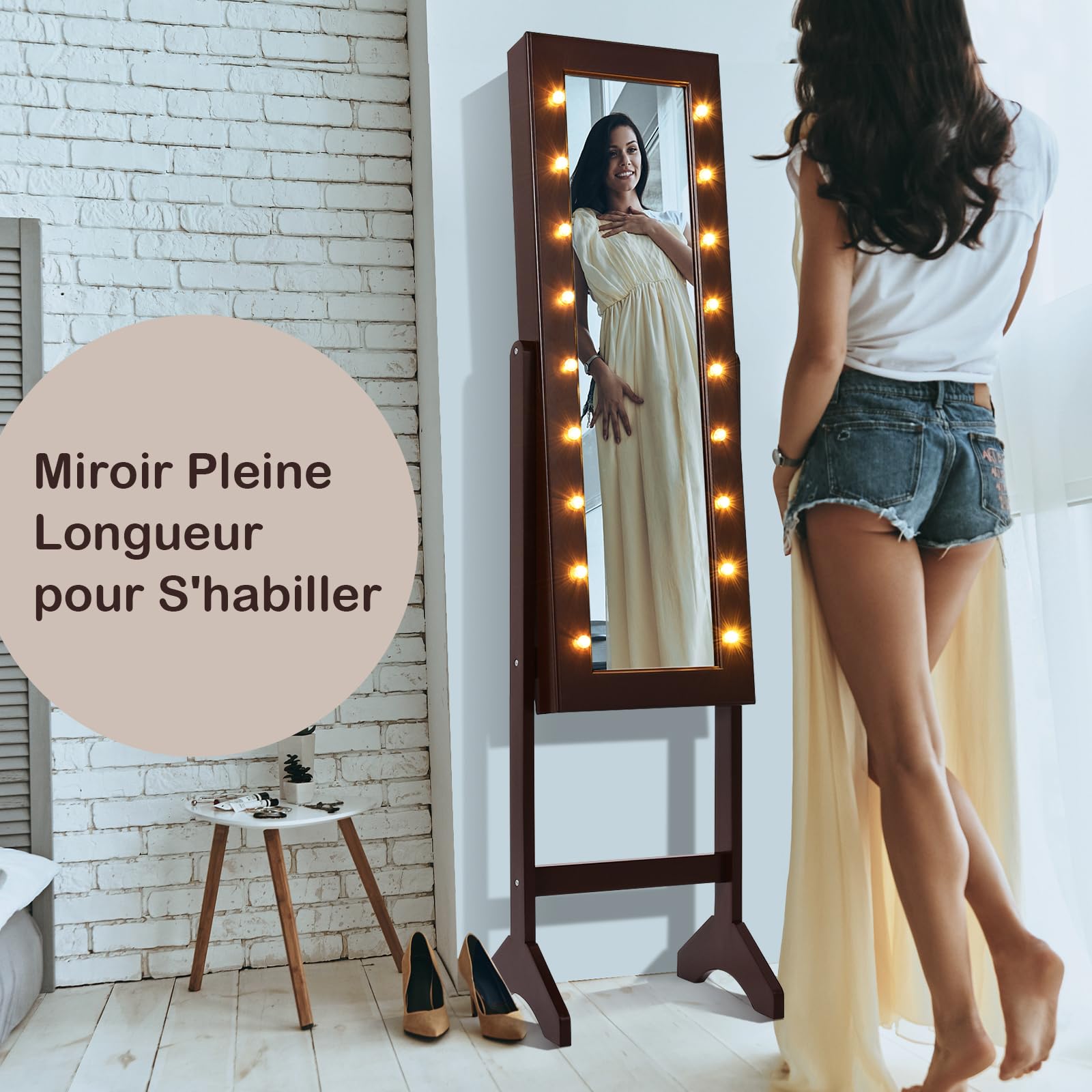 GOPLUS Armoire à Bijoux, Armoire a Bijoux avec Miroir sur Pied avec Lumières LED, Miroir Intégré, Organisateur de Bijoux Verrouillable avec Crochet de Collier, 4 Etagères (Marron)