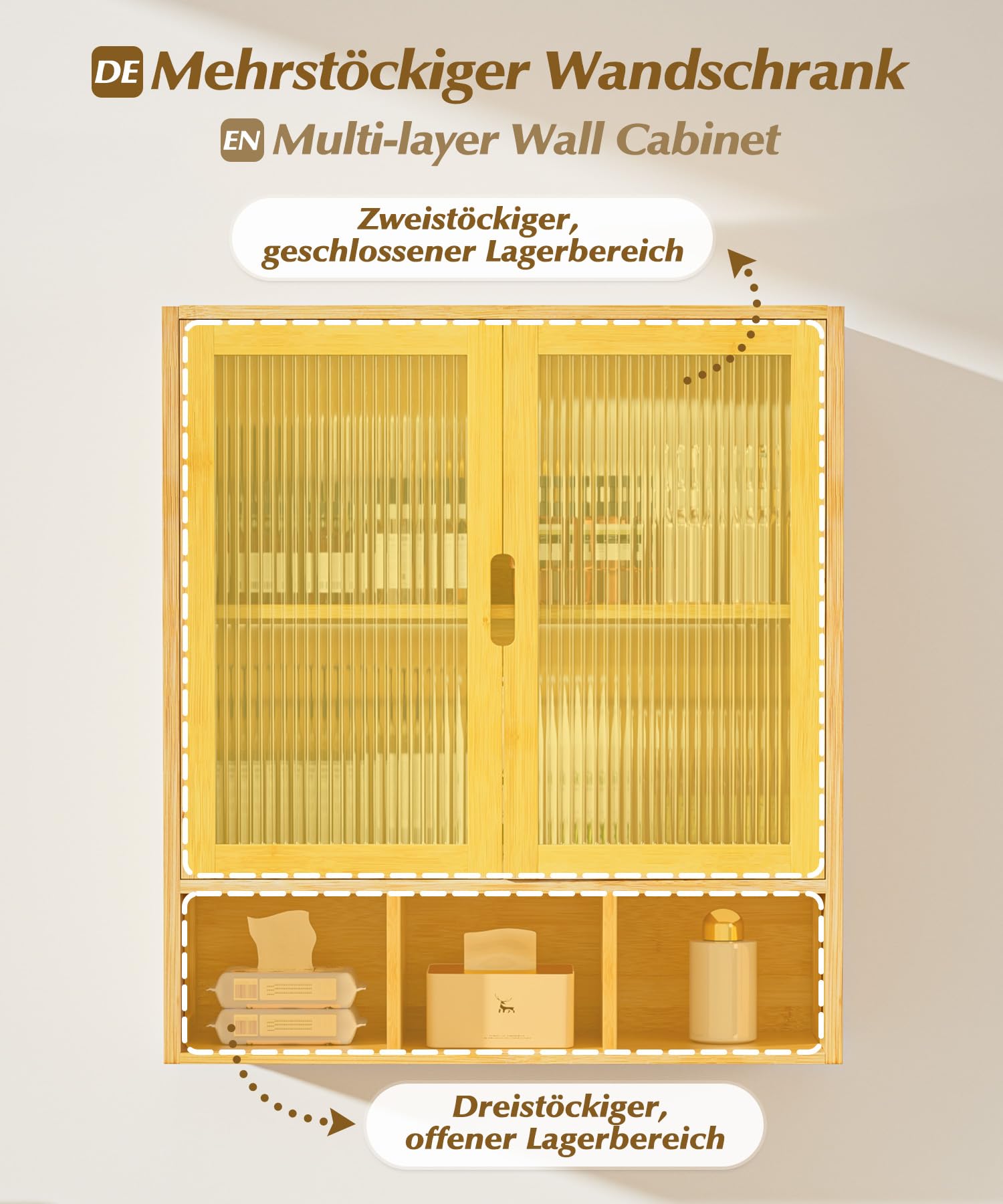 Yorbay Badezimmerschrank Hängend mit 2 Transparente Magnettür und Offenem Fach, Bambus Medizinschrank für Bad, Platzsparendes Wandschrank Küchenschrank, 22 x 59 x 66 cm (Bambusfarbe)