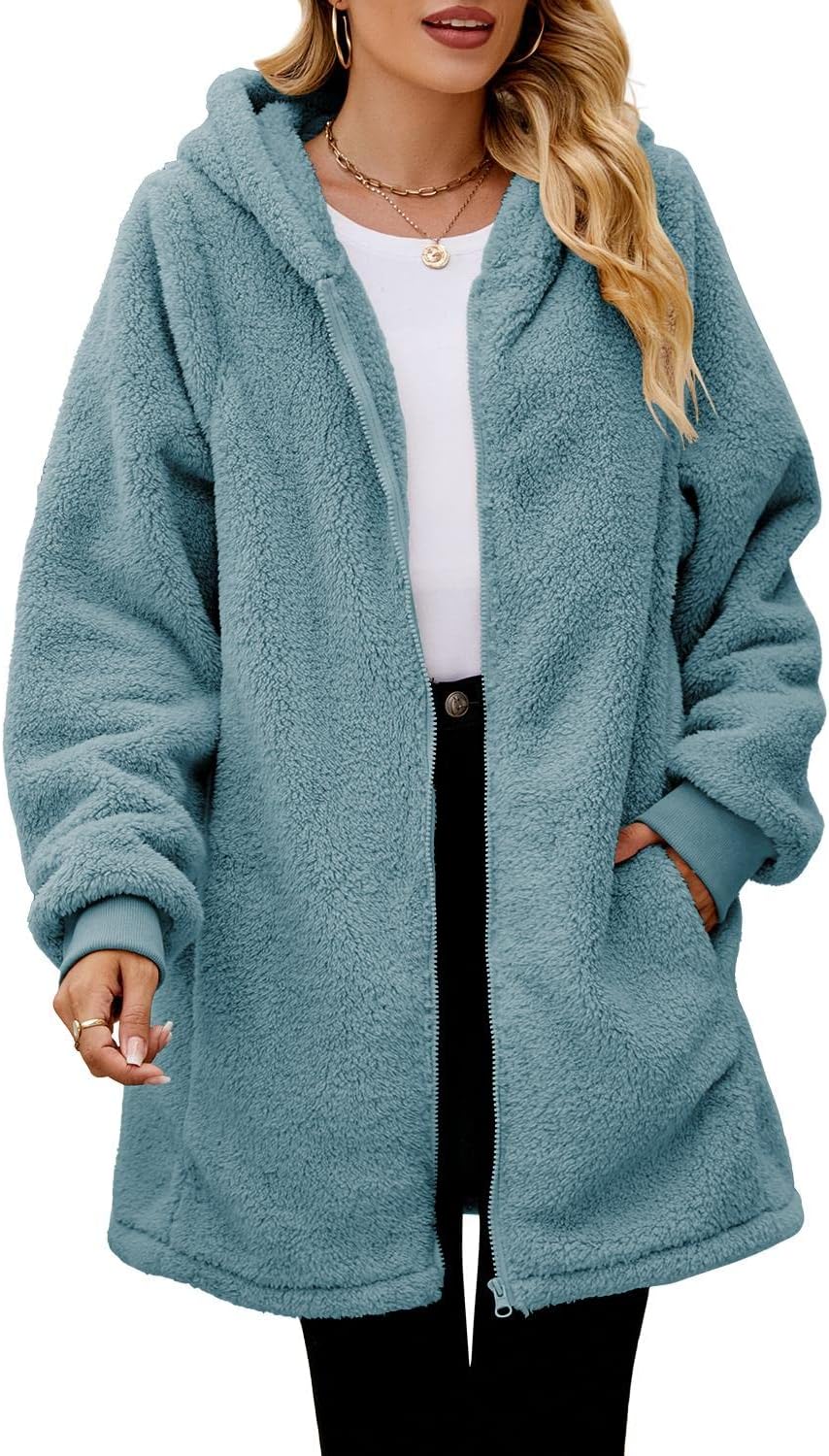Yanekop Fleece Jacket Women Full Zip Hooded Sherpa Winter Jackets Warm Oversized Hoodie Faux Fur Coat Outerwear(C Green,S) - Image 2
