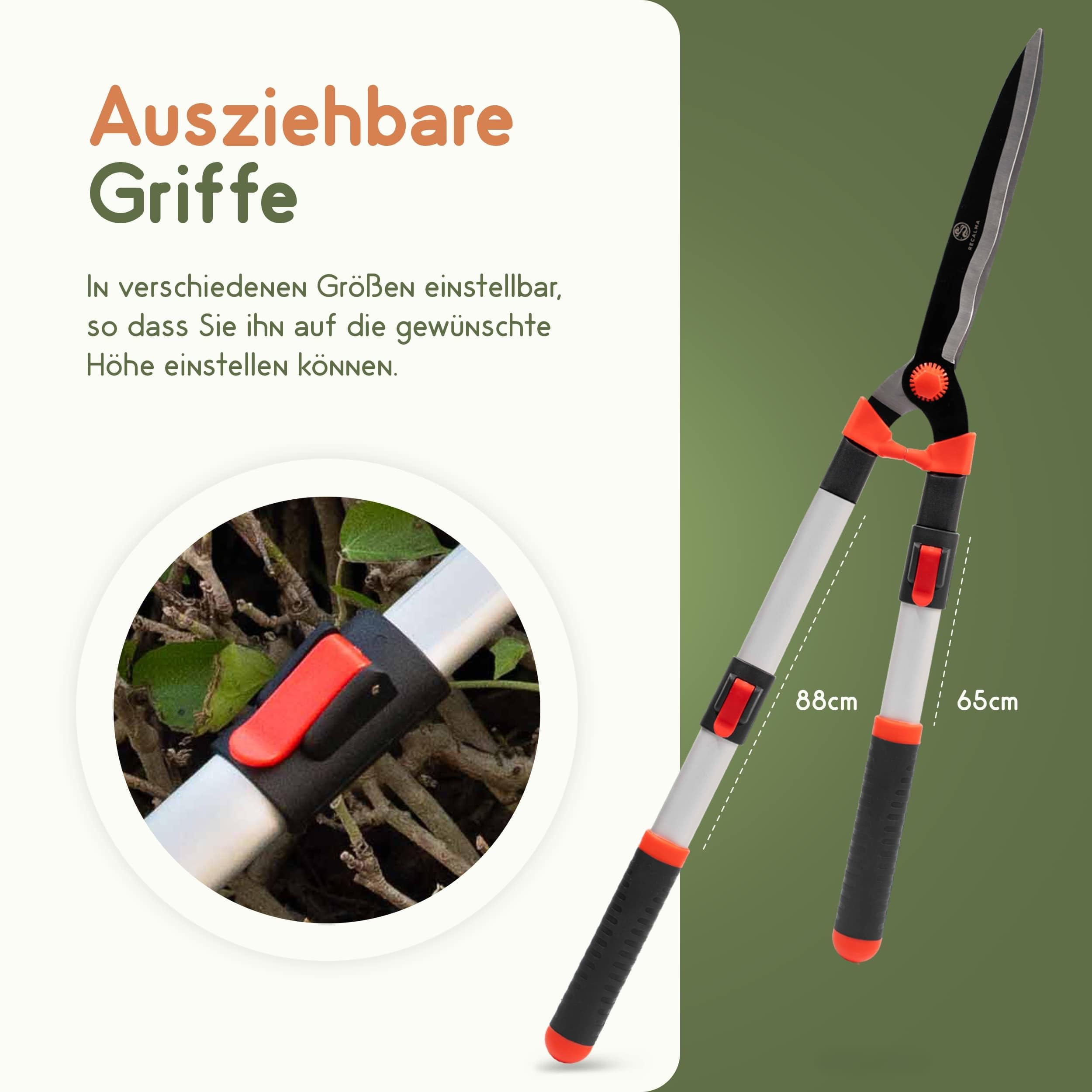 Teleskop Heckenschere, ausziehbare Griffe 65–88 cm, Bypass-Klingen aus legiertem Stahl, leichtes ergonomisches Gartenwerkzeug für Hecken, Sträucher & dünnere Äste
