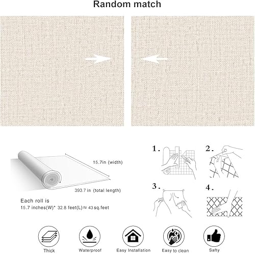 Miniatura 4 de Akywall Papel tapiz beige para despegar y pegar, papel de contacto beige texturizado de 393.7 pulgadas, tela sintética de lino en papel de pared,