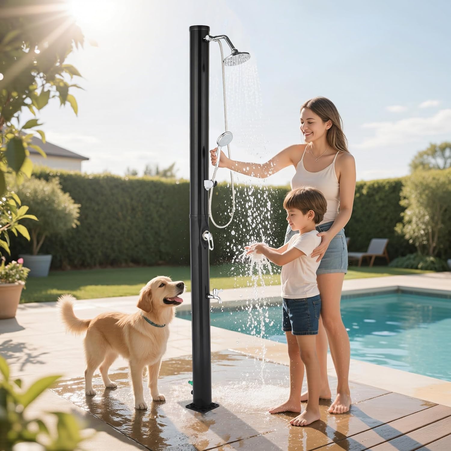 VINGLI 5 Gallon Solar Heated Outdoor Shower, 7.2 FT Height, Freestanding Outside Shower with 360° Swivel Shower Head + 6FT Handheld Shower + Foot Faucet, Hot & Cold Water Adjustment, Black