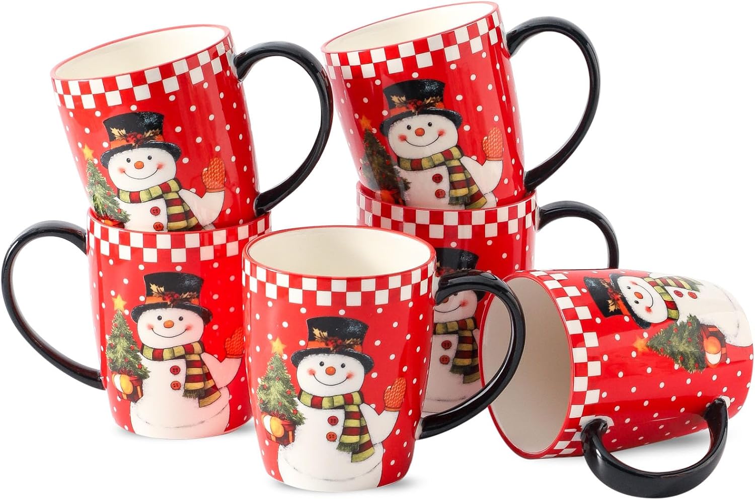 HASENSE Christmas Coffee Mugs Set of 6, 16oz Ceramic Coffee Cups with Handle–Suitable for Tea,Soup,Latte,Hot Cocoa & Milk,Large Latte Cups for Holiday Gift,Dishwasher and Microwave Safe,Red