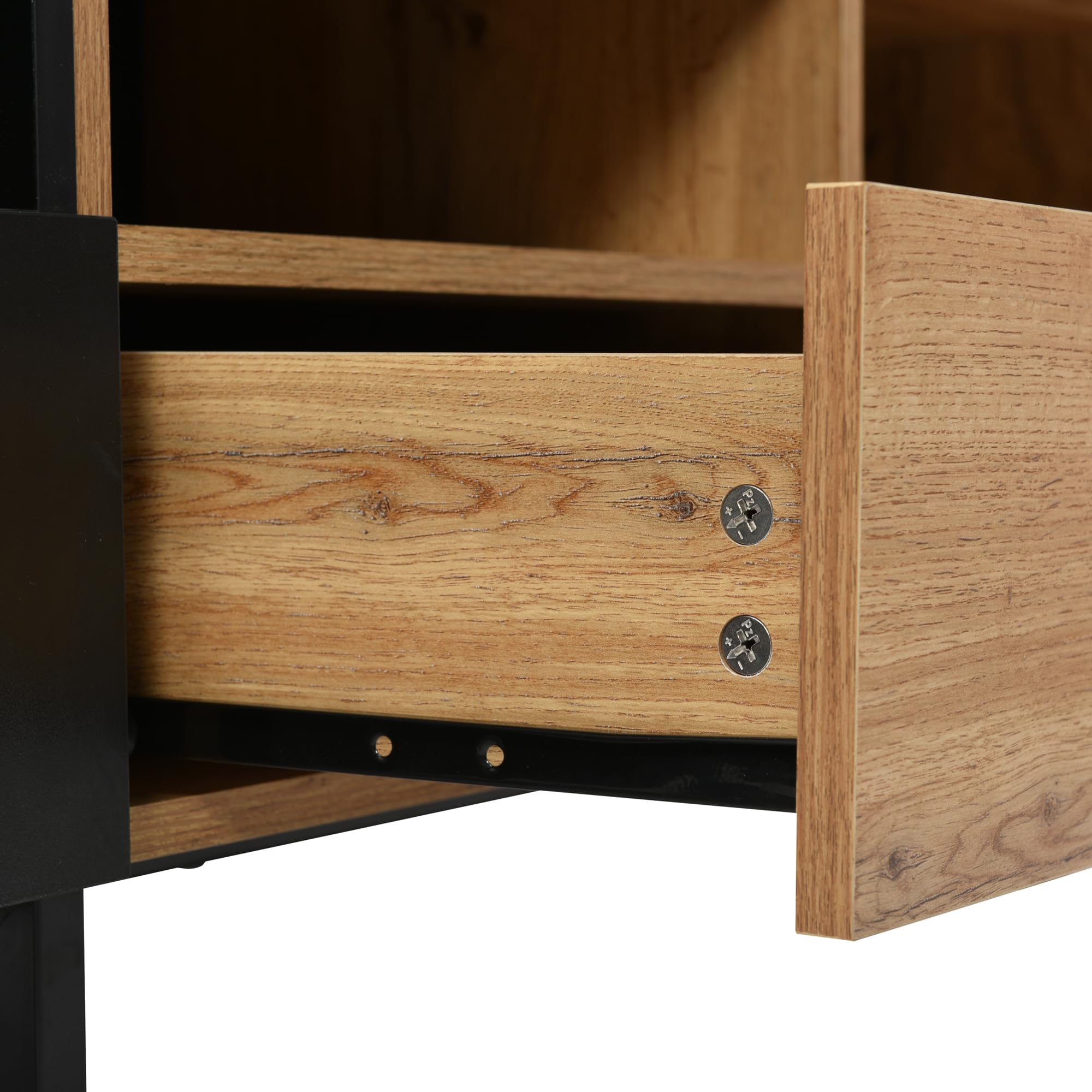 Azkoeesy Mueble de TV Salón Efecto Madera Natural 190 cm, Patas Metálicas Negras Resistentes, 2 Cajones y Puertas