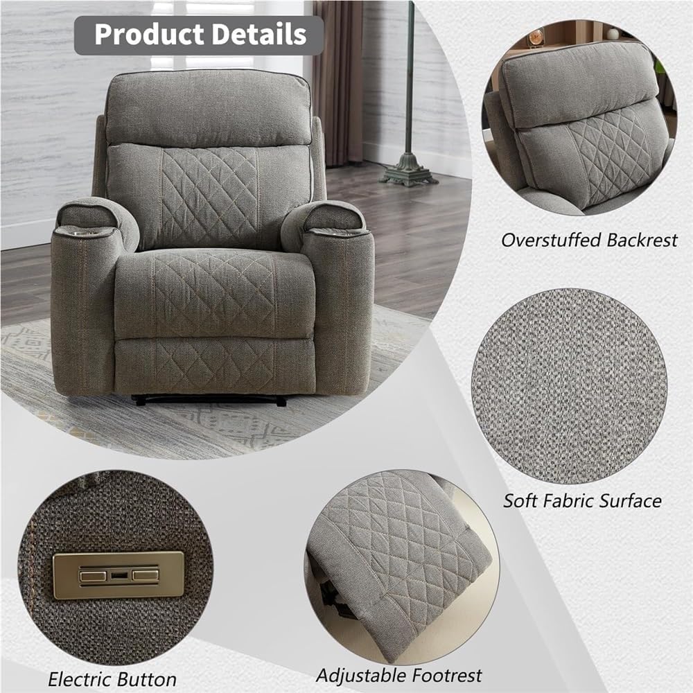 Overstuffed Electric Power Lift Recliner Chair with Double Layer Backrest and Comfortable Reclining Design with Cup Holders for Living Room Home Theater Seating