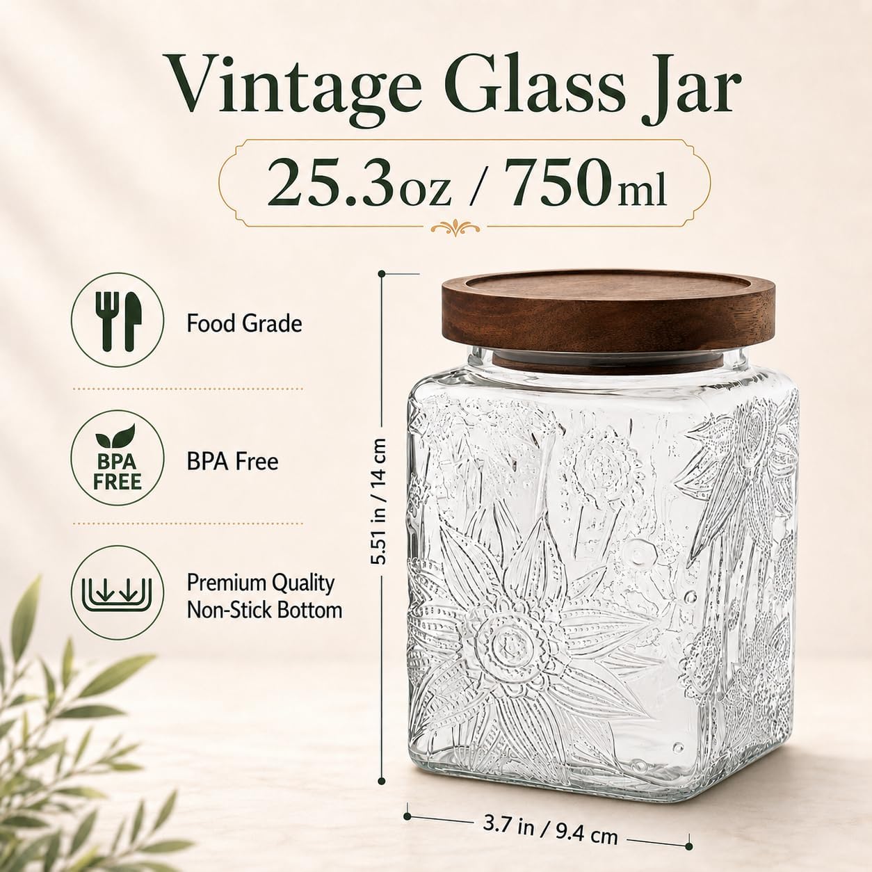 Vintage Glass Jar, 25.3 FL OZ Square Food Storage Container, Glass Canister with Wooden Lid, Decorative Jar for Home Kitchen Coffee, Tea, Candy, Sugar Jar
