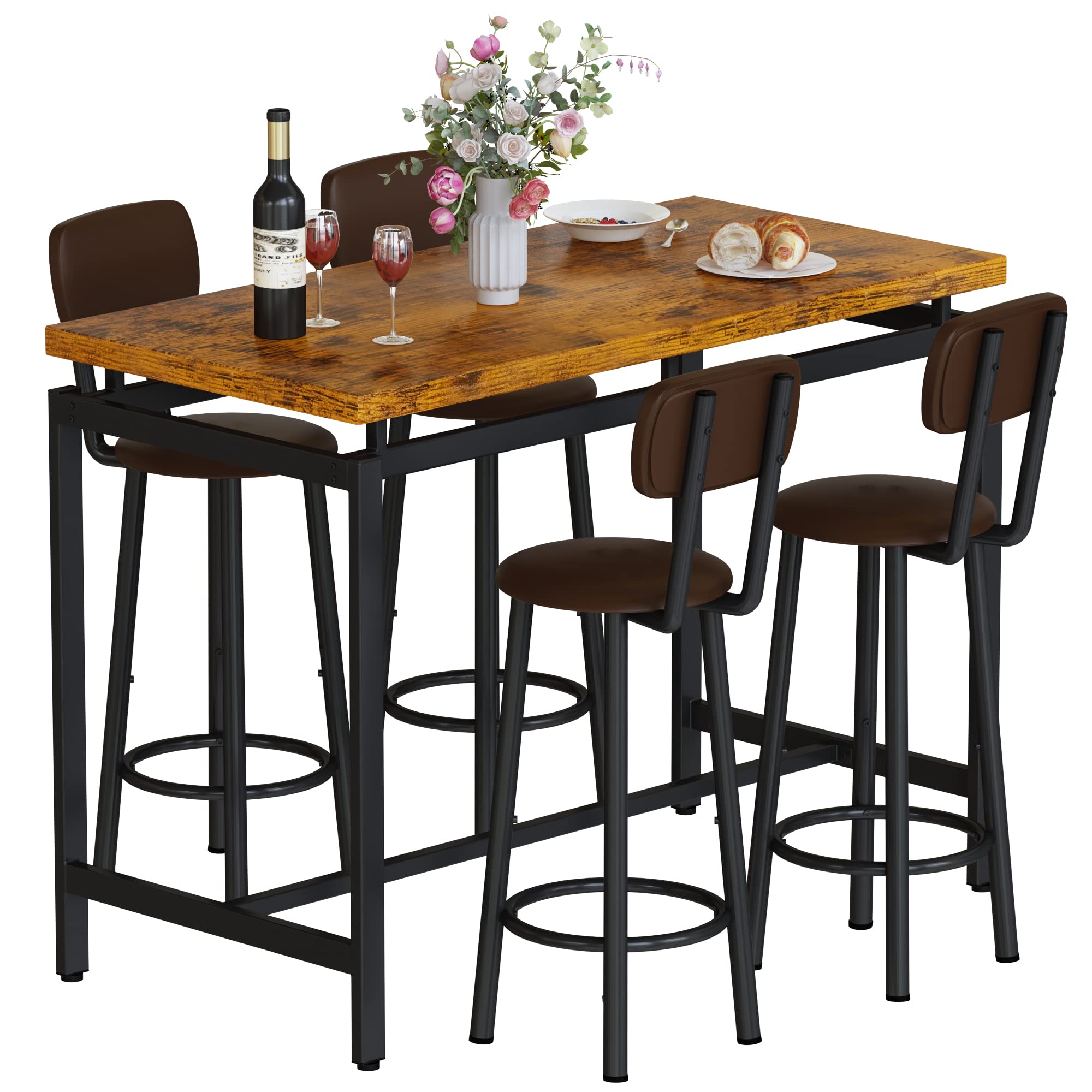 Photo 1 of AWQM Counter Height Pub Table and Backrest Stools Set,Bar Table Set with 4 Chairs,5 Pieces Industrial Kitchen Dining Table Set,43" Breakfast Table Set with 4 PU Upholstered Stools,Rustic Brown