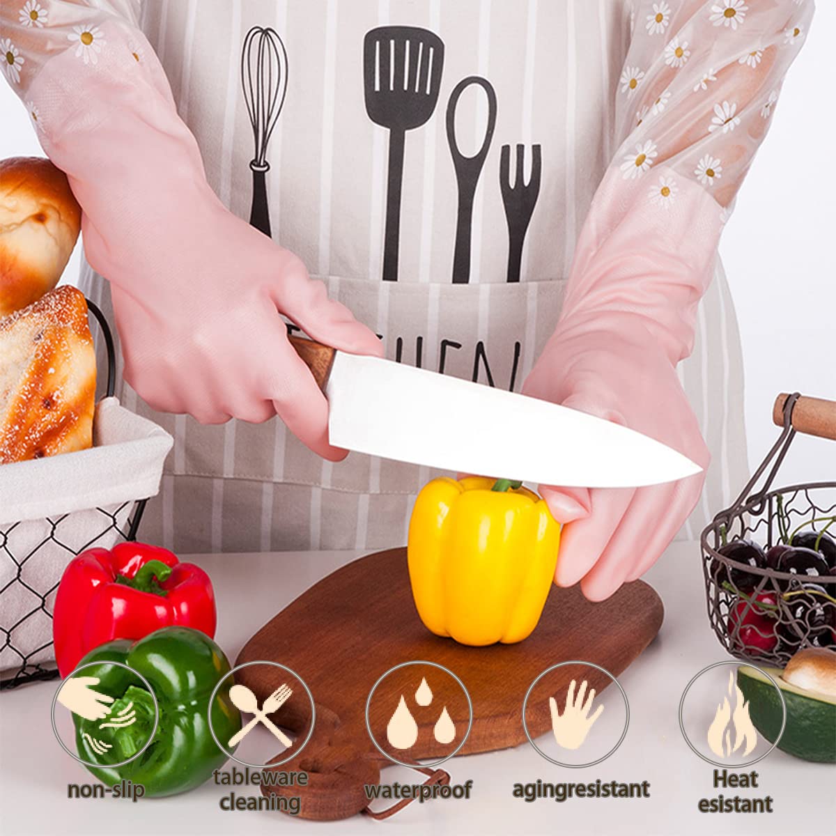 Guantes de limpieza para lavar platos, 3 pares – Guantes de goma reutilizables antideslizantes para la cocina, jardinería, impermeables, para el hogar