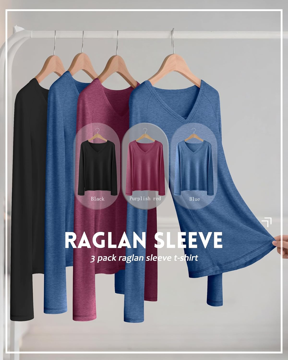 3 Pack Women's Long Sleeve T Shirts V Neck Raglan Tunic Tops Loose Casual Basic Tee Fall Winter Ladies Outfit - Image 2