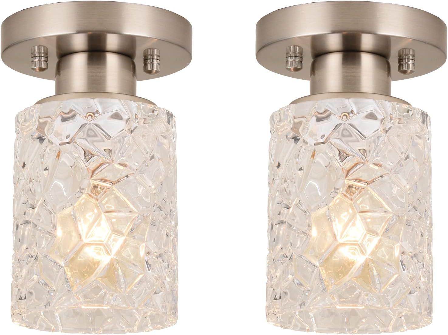 ALICE HOUSE 2 Pack Semi Flush Mount Ceiling Light, Clear Geometric Glass Shade, Brushed Nickel Farmhouse Light Fixture for Hallway, Laundry Room, Kitchen,Bathroom and Foyer AL9082-S2