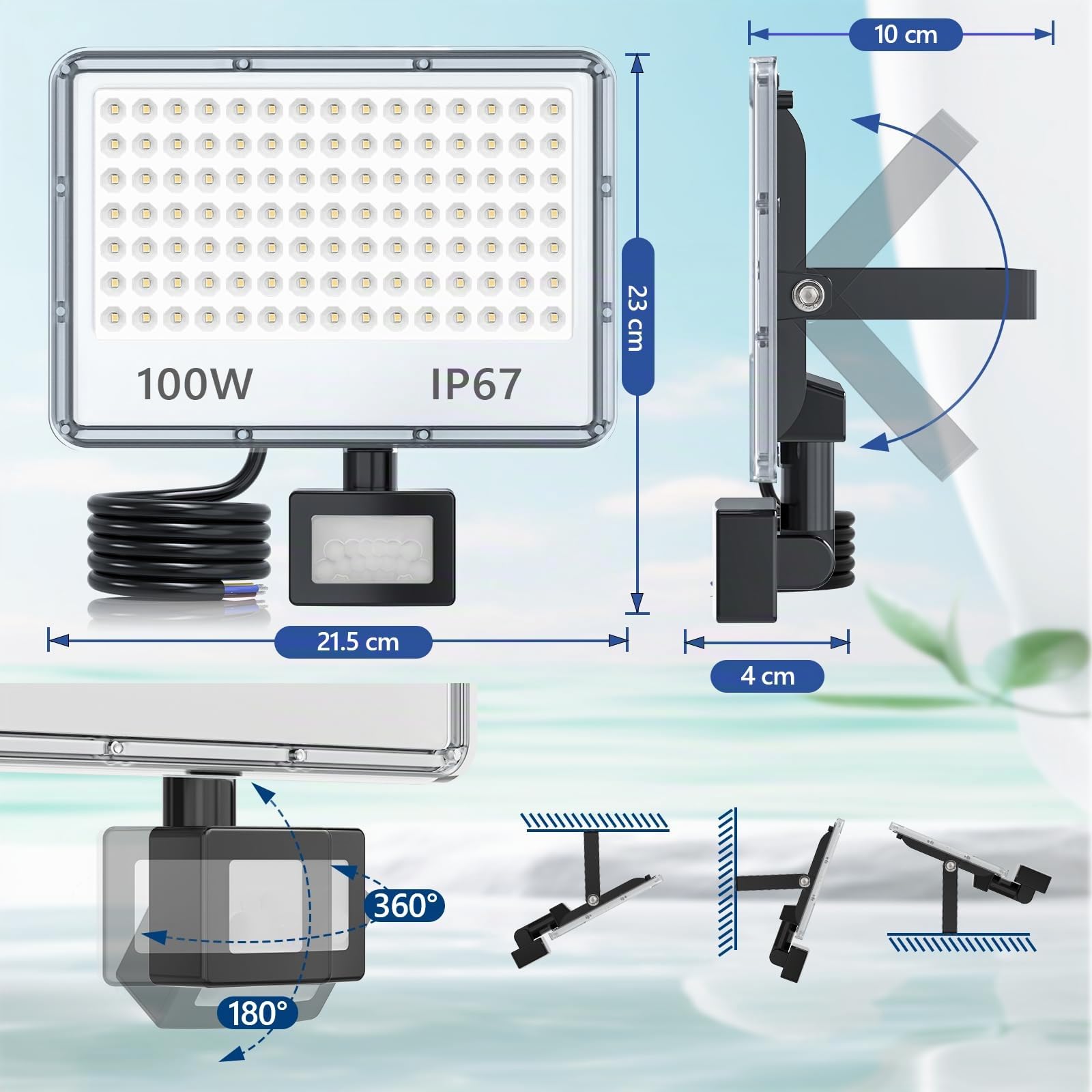 Focos LED Exterior con Sensor de Movimiento 100W 10000LM 2 Piezas | 6500K Blanco Frío Lampara LED, IP67 Impermeable Luz con Sensor de Movimiento,Luce Exterior para Jardin Terraza Garaje Entrada