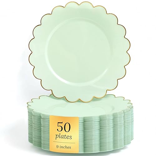 Sparkle and Bash Bulk 50 Pack Scalloped Plates - 9 Inch Sage Green Plastic Plate with Elegant Gold Rim - Fancy Disposable Plates for Party, Birthday, Wedding, Baby Shower, Gender Reveal and Holidays