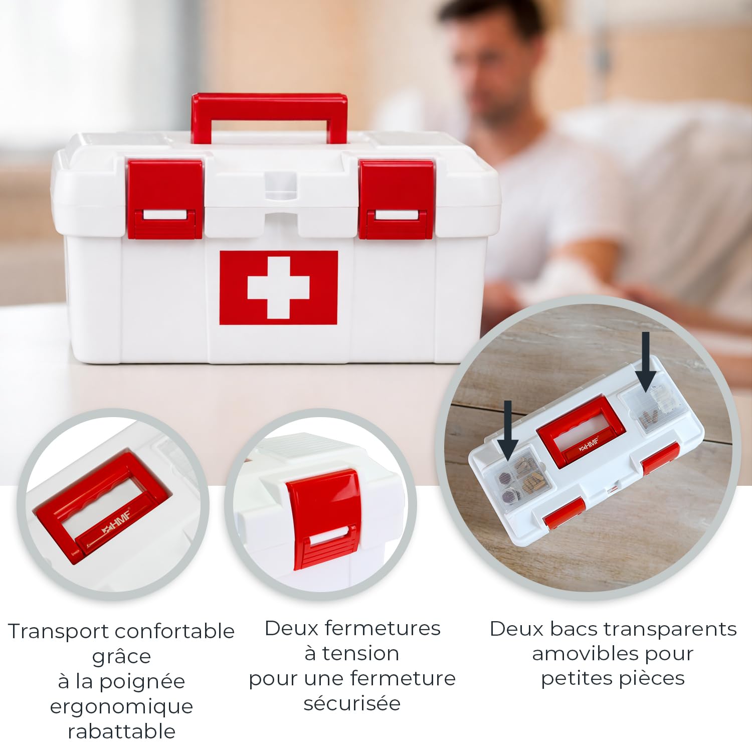 HMF Boîte à pharmacie vide pour les premiers secours pour club de sport, entreprise ou maison | 37 x 20 x 18,5 cm | Blanc/rouge