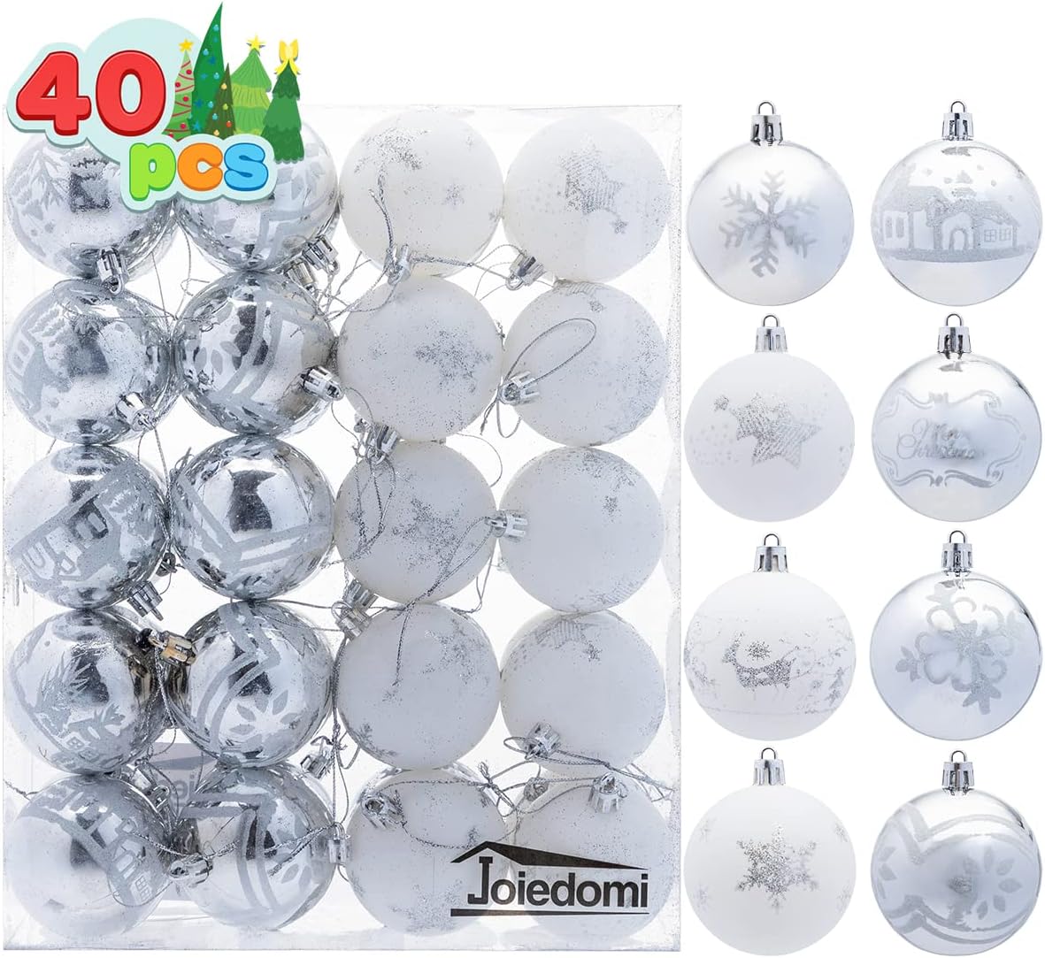 Joiedomi 40 Pcs 2.36'' Christmas Ball Ornaments with Glitter Print, Shatterproof Hanging Ball Ornaments for Christmas Tree, Holiday Indoor Party Decoration, Xmas Tree Ornaments (Silver and White)