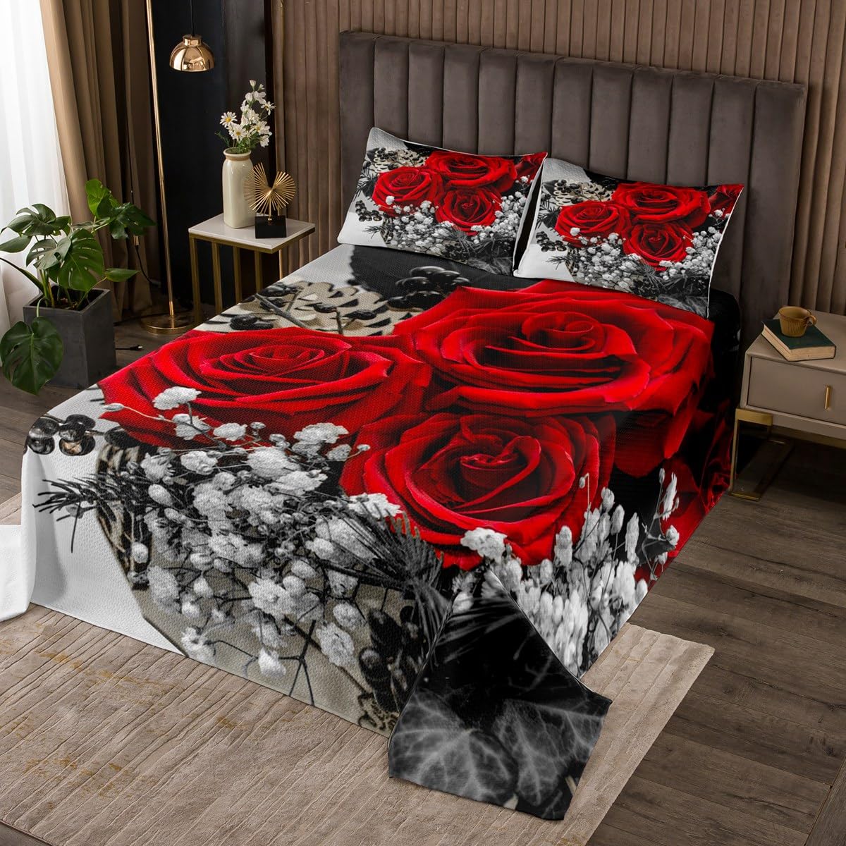 Rose Floral Bedspread Set Queen, Romantic Red Flowers Quilt Set for Girls Women Kids Teens, Vintage Farmhouse Style Coverlet Set, Valentine 3D Rose Bedding Set with 2 Pillow Cases, Red Gray Black