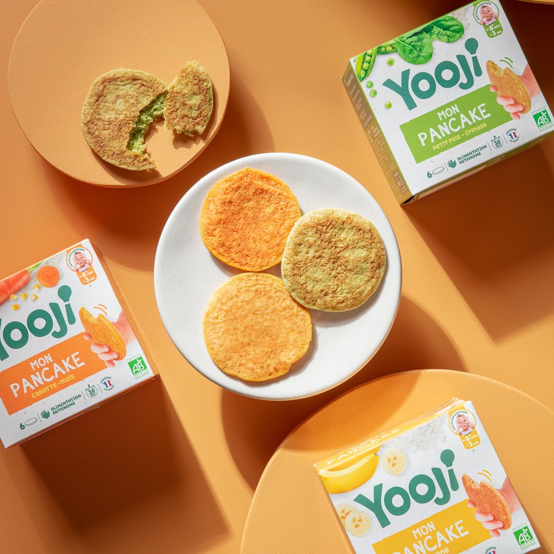 Yooji - Trio de Pancakes fruits & légumes bio pour repas bébé dès 8 mois - Introduction morceaux, Alimentation autonome et DME - 27 repas - à base de purée banane petit pois carotte